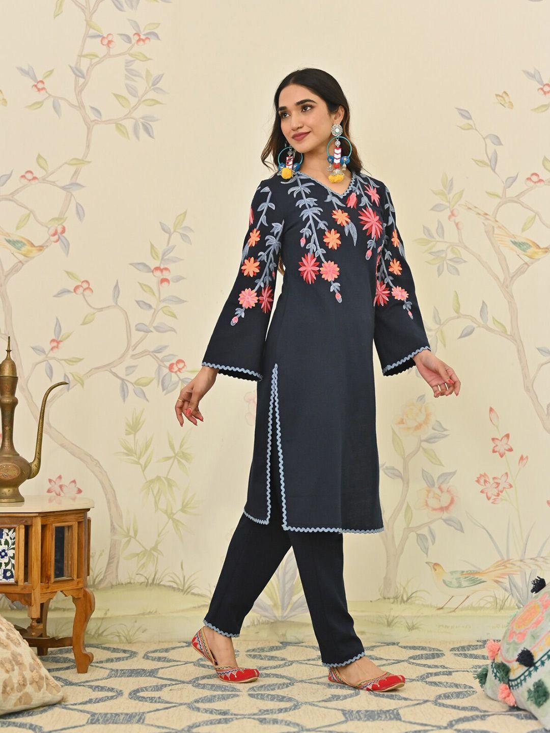 rustorange floral embroidered v-neck long sleeves thread work acrylic kurta