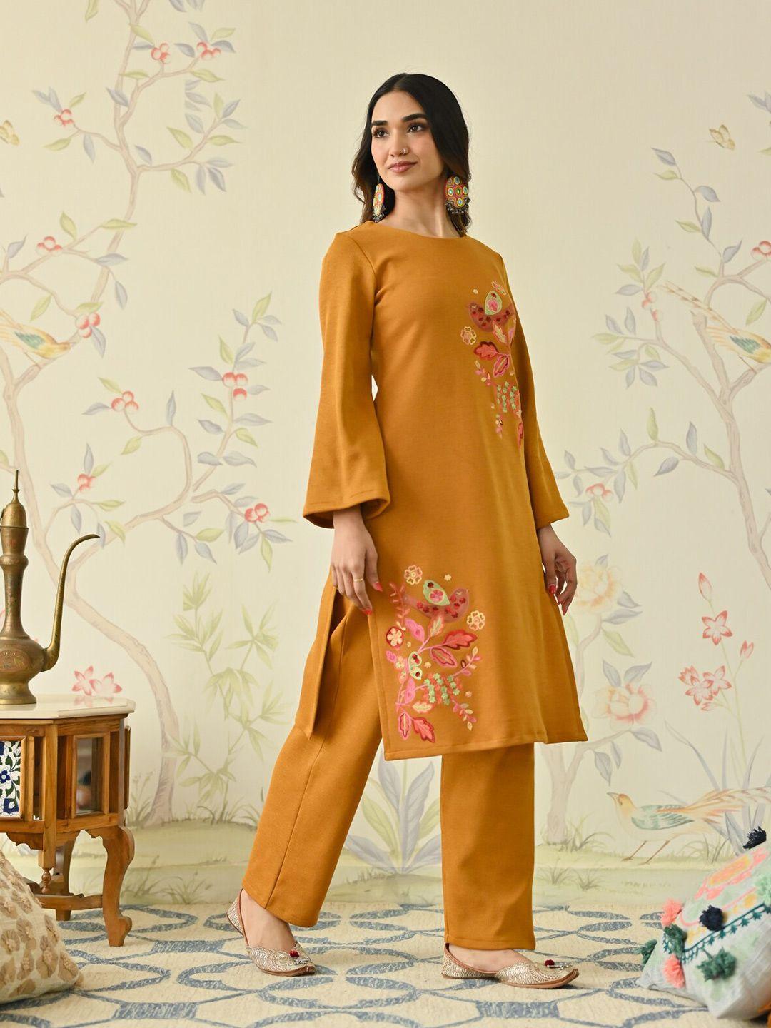 rustorange floral embroidered round neck kurta