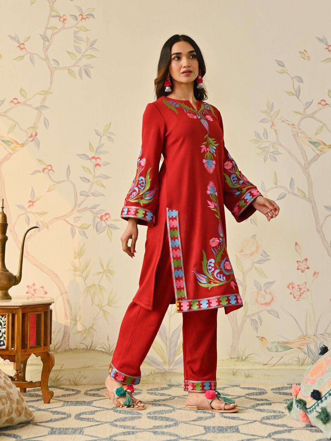 rustorange floral embroidered long sleeves kurta