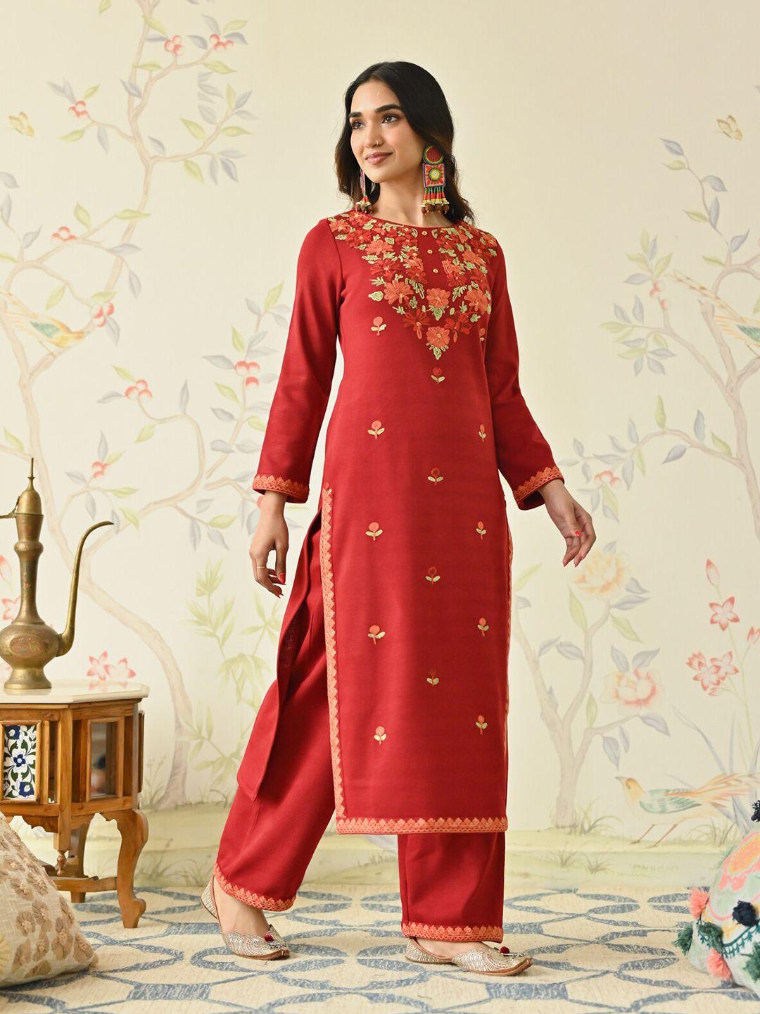 rustorange floral embroidered acrylic straight kurta