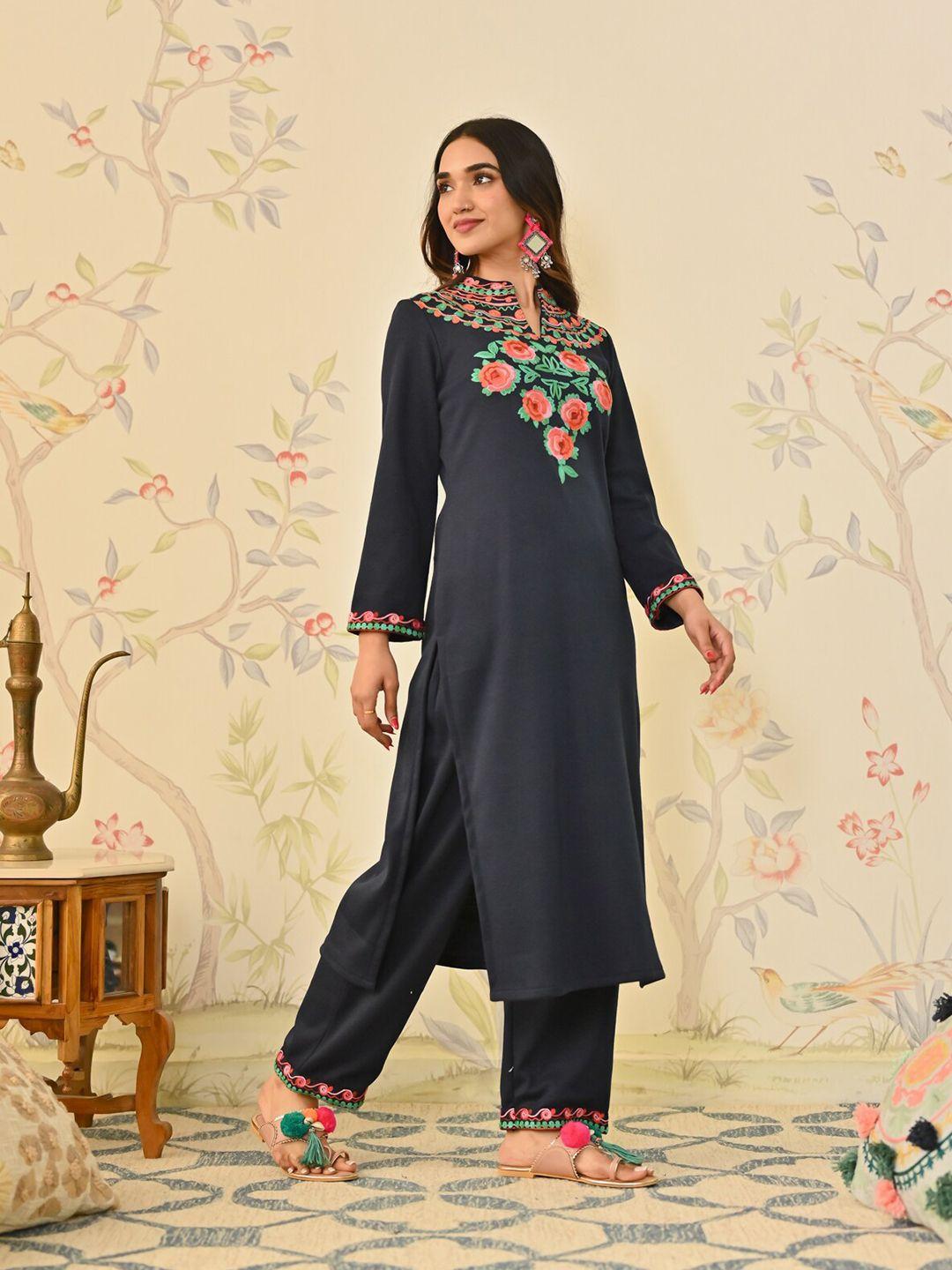 rustorange floral embroidered mandarin collar kurta