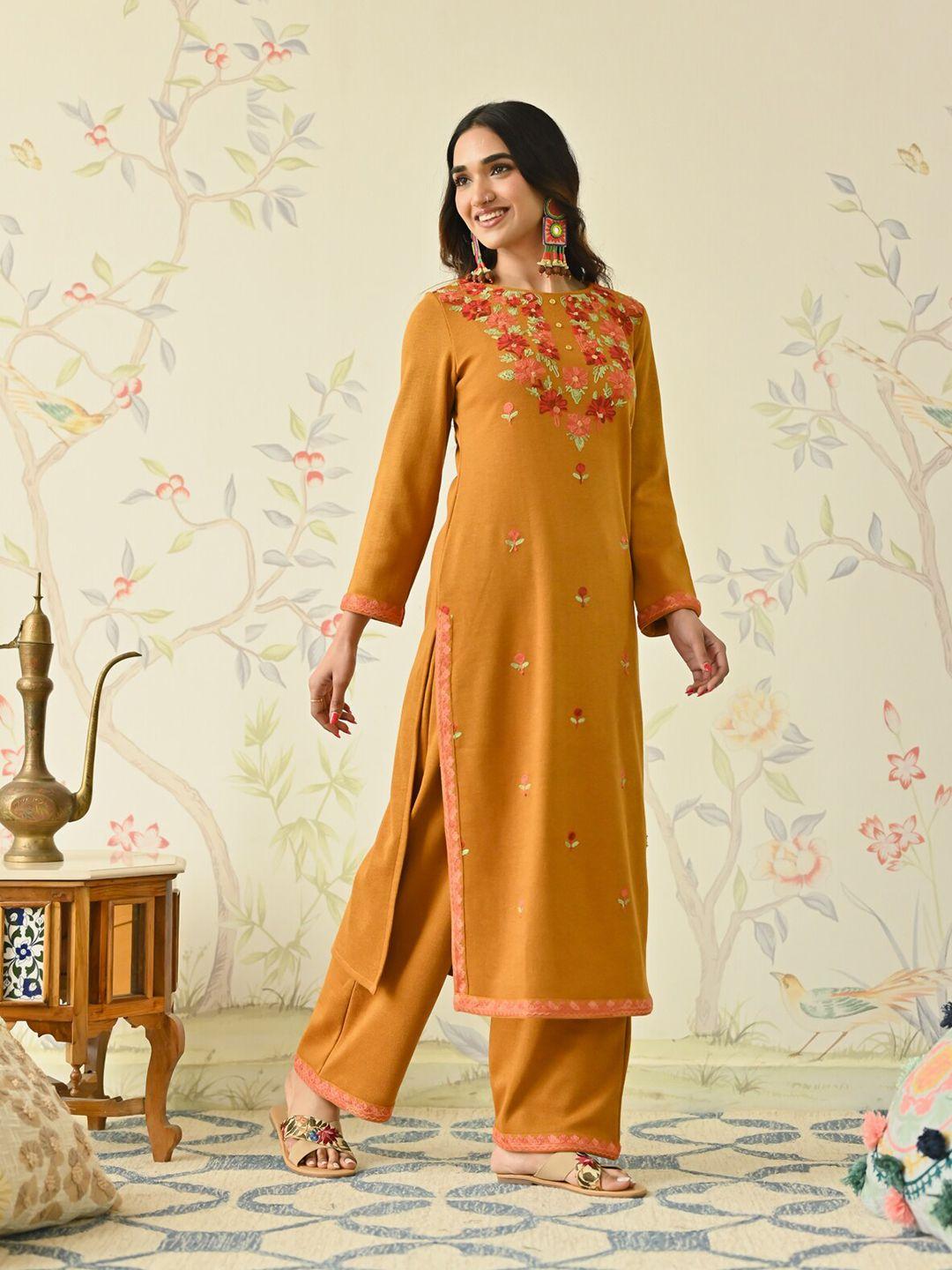 rustorange floral embroidered long sleeves thread work acrylic kurta