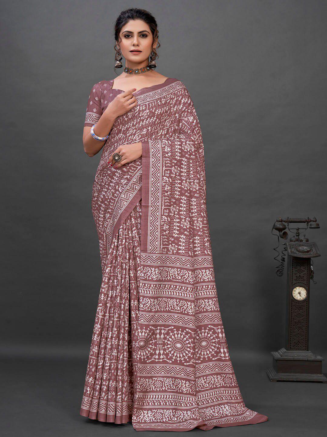 mitera mauve & white warli bagru saree