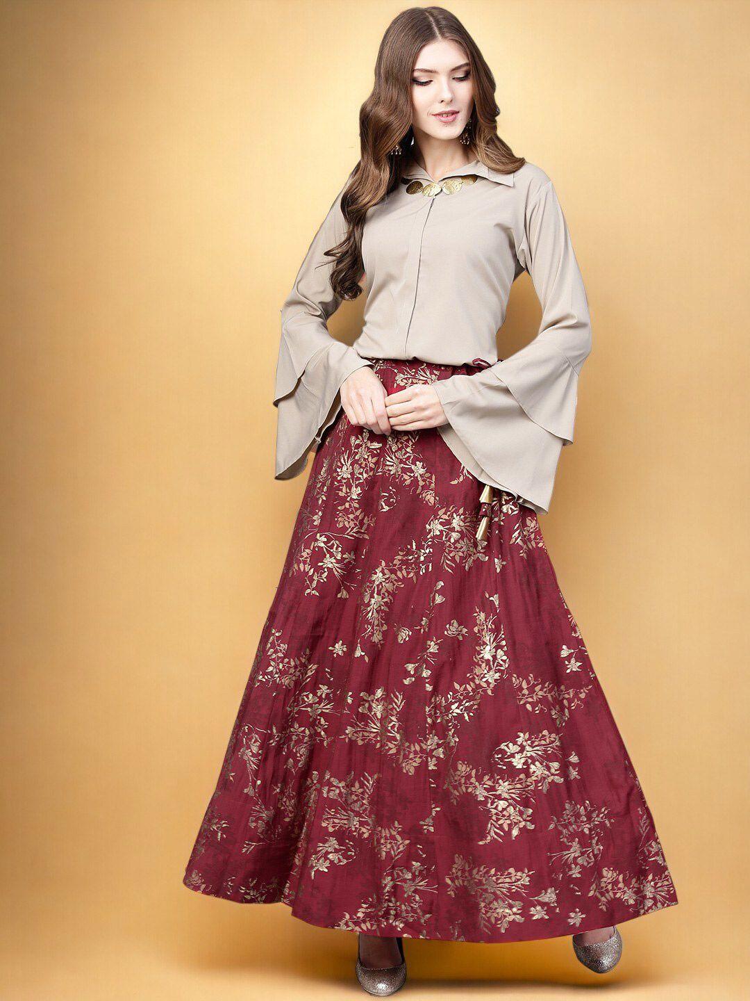 ahalyaa beige shirt collar long sleeves shirt with flared skirt