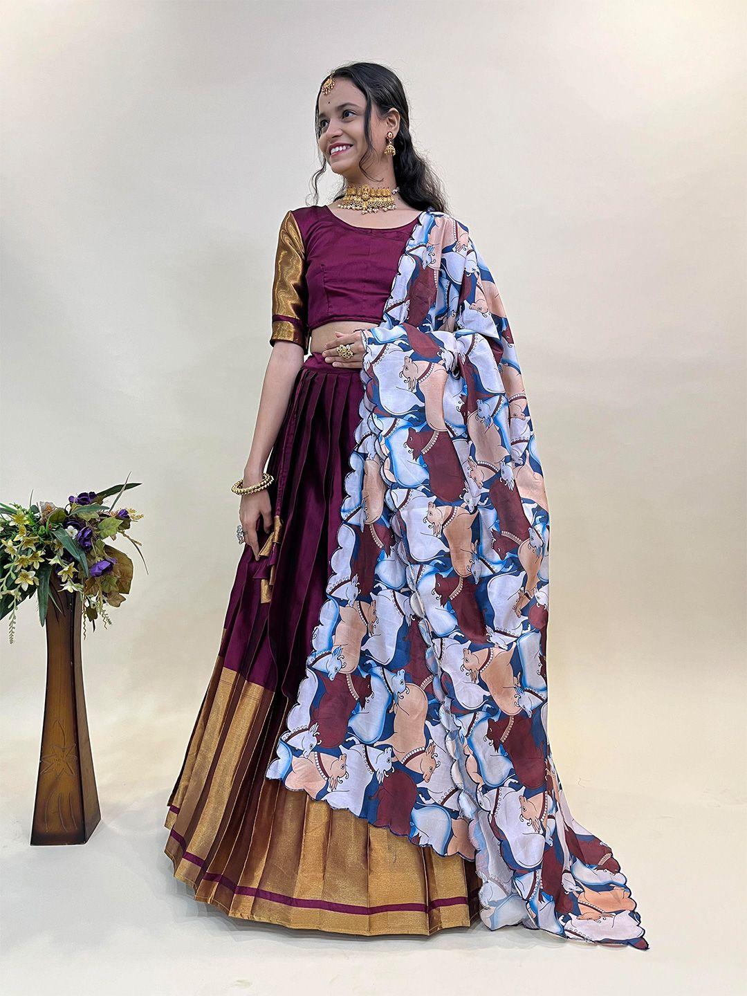 mitera purple & white semi-stitched lehenga & unstitched blouse with dupatta