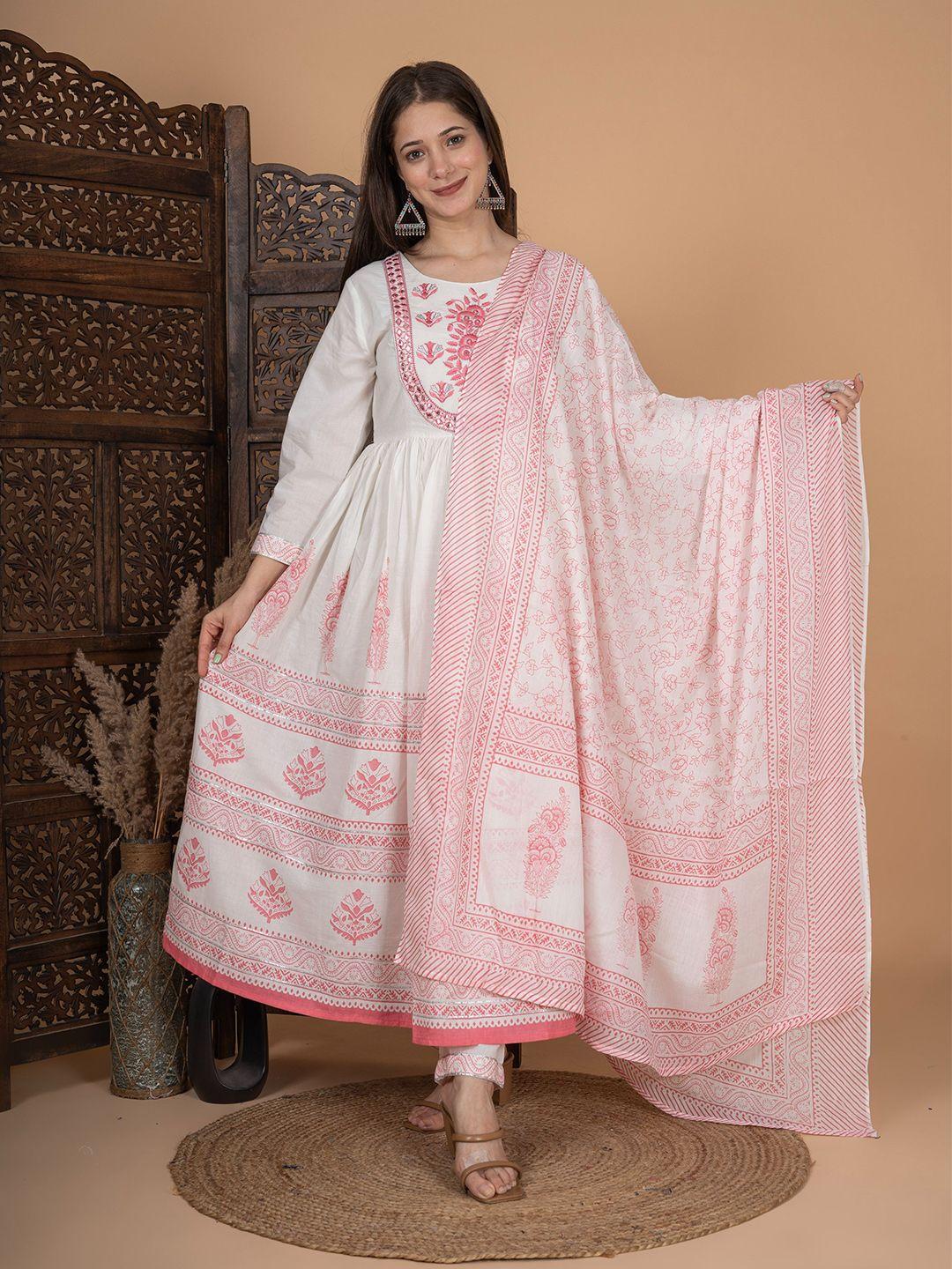 meera fab floral printed empire mirror work pure cotton kurta with palazzos & dupatta