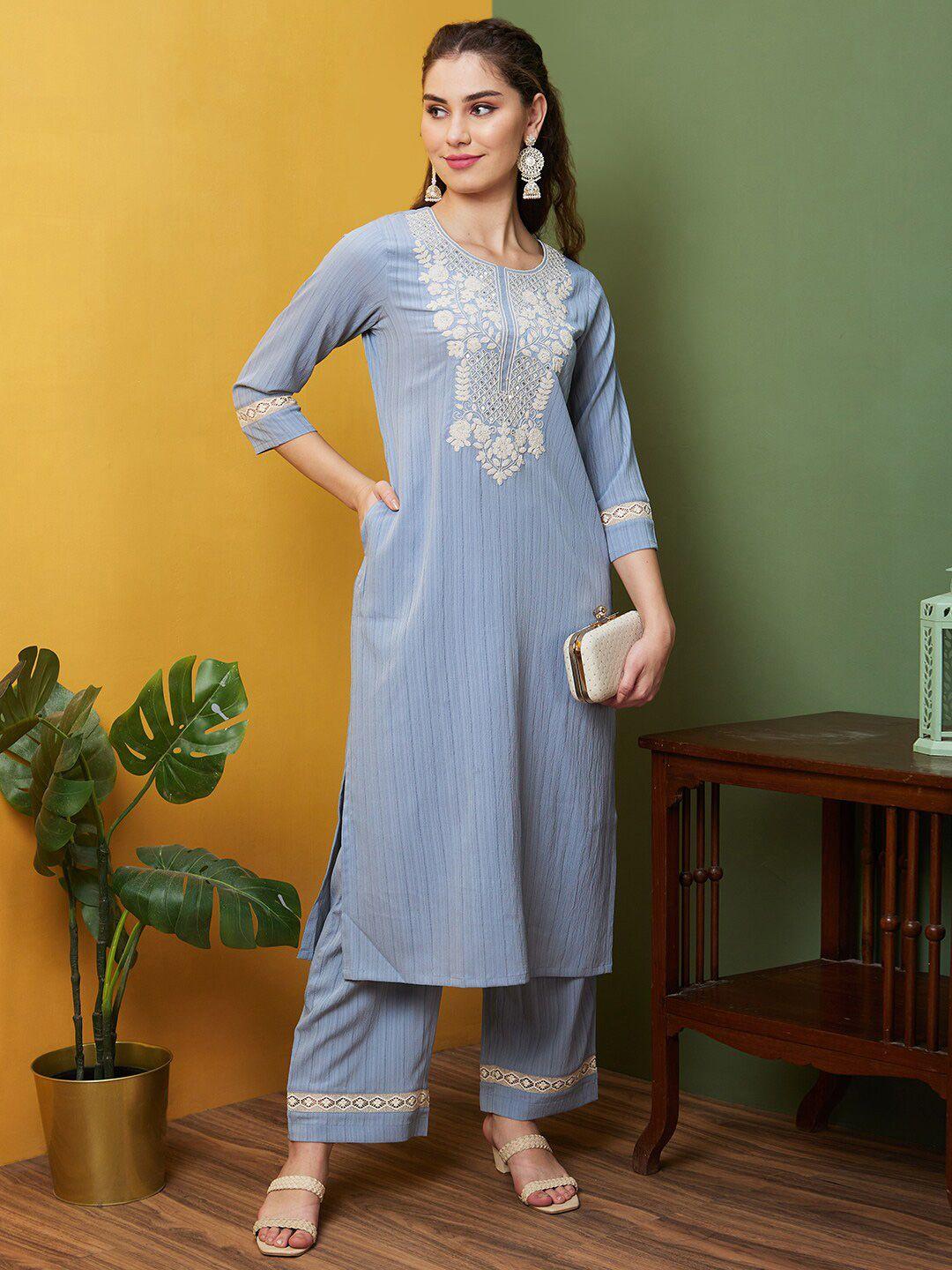 globus grey floral embroidered round neck thread work straight kurta with trouser