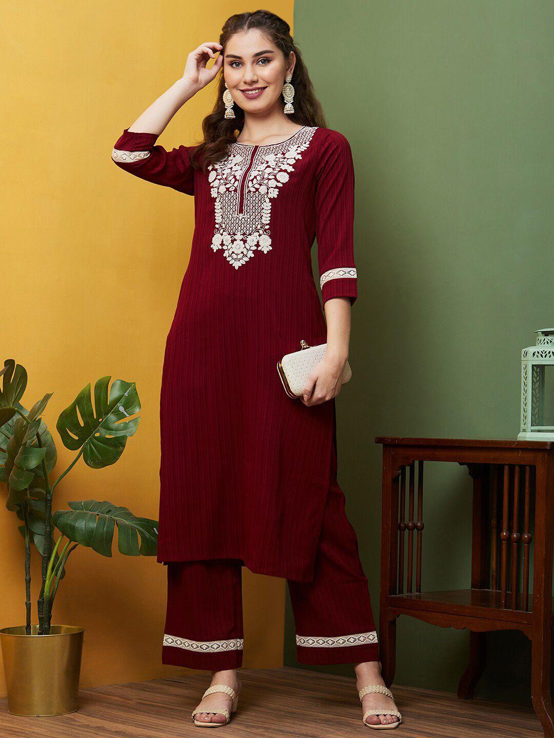 globus maroon floral embroidered round neck thread work straight kurta with trouser