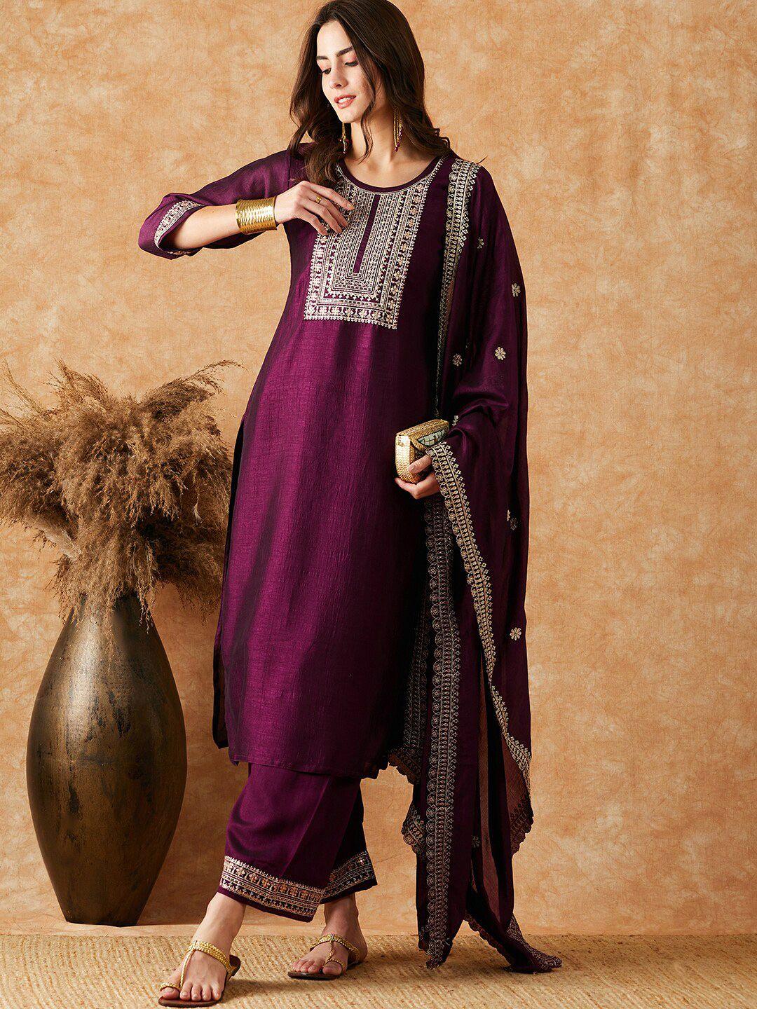 sangria purple yoke design embroidered round neck straight kurta & palazzo with dupatta