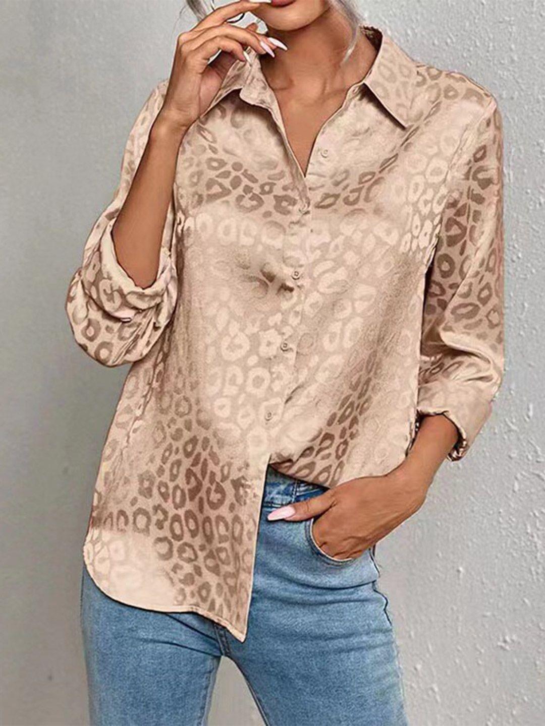 stylecast beige abstract printed spread collar casual shirt