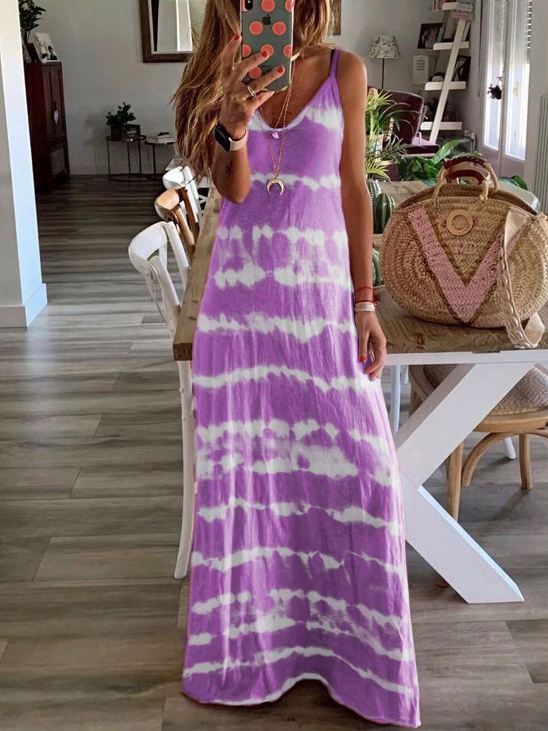 stylecast purple tie & dye printed v-neck sleeveless cotton casual maxi dress