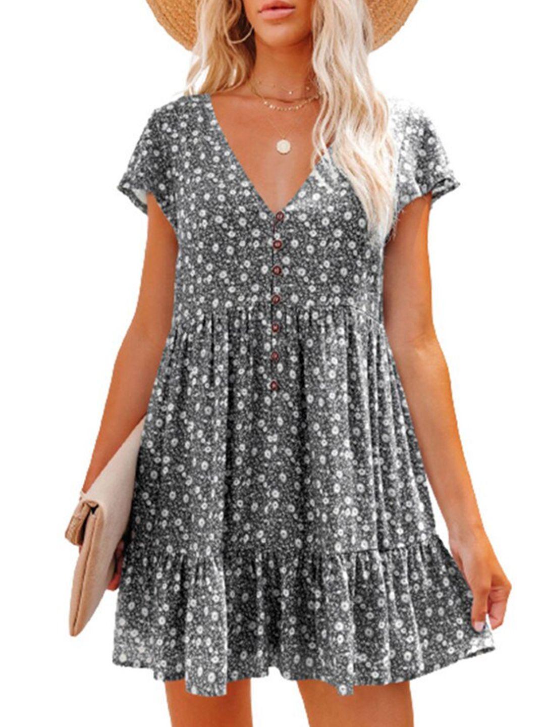 stylecast black v-neck short sleeves print fit & flare dress