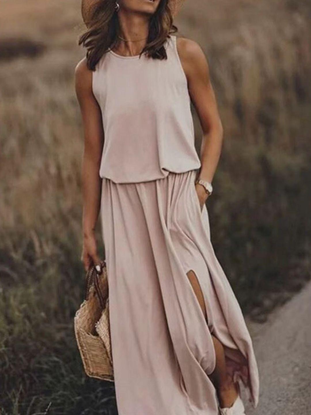 stylecast peach-coloured round neck sleeveless maxi dress