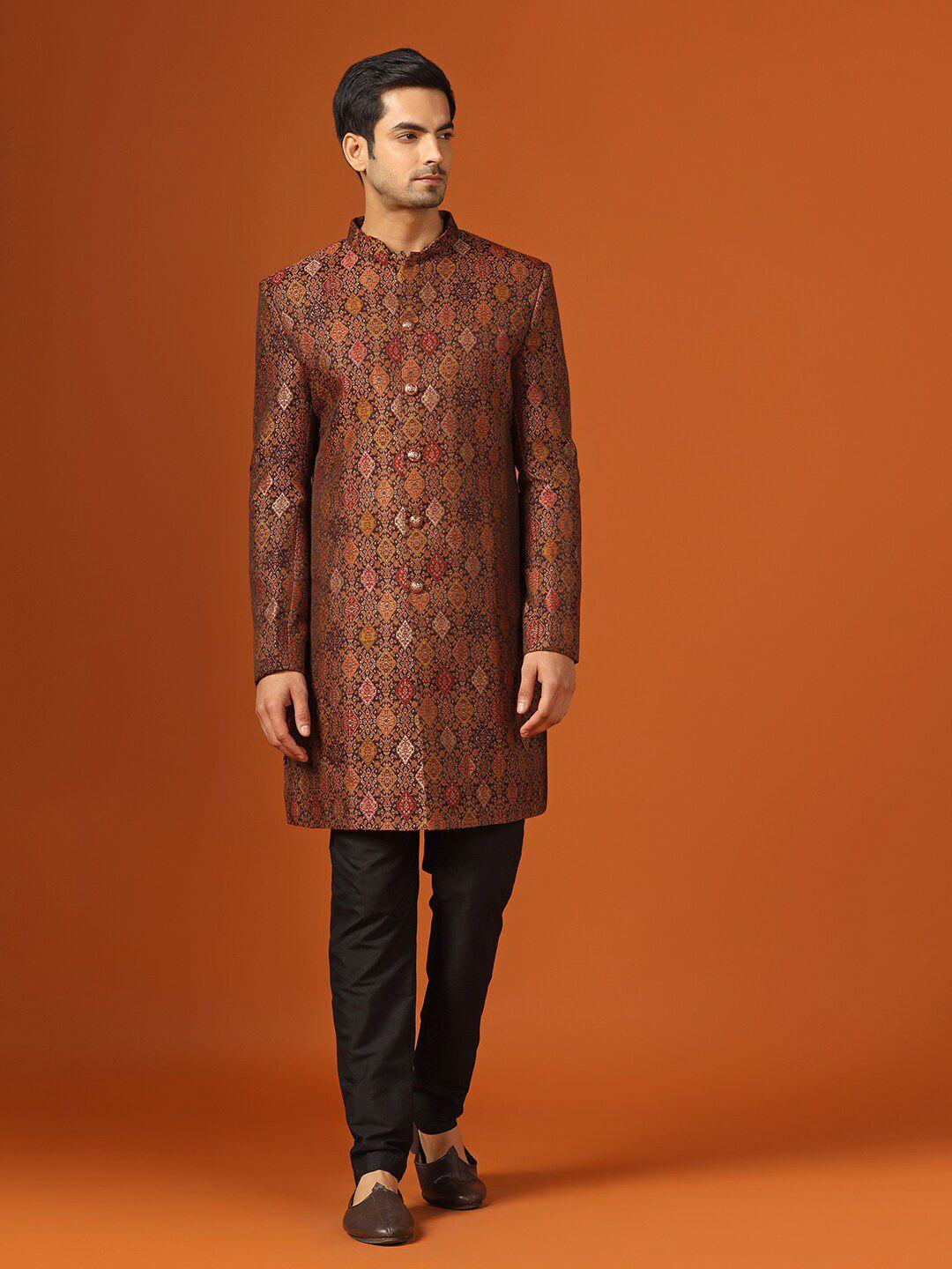 kisah ethnic motifs woven design mandarin collar sherwani set