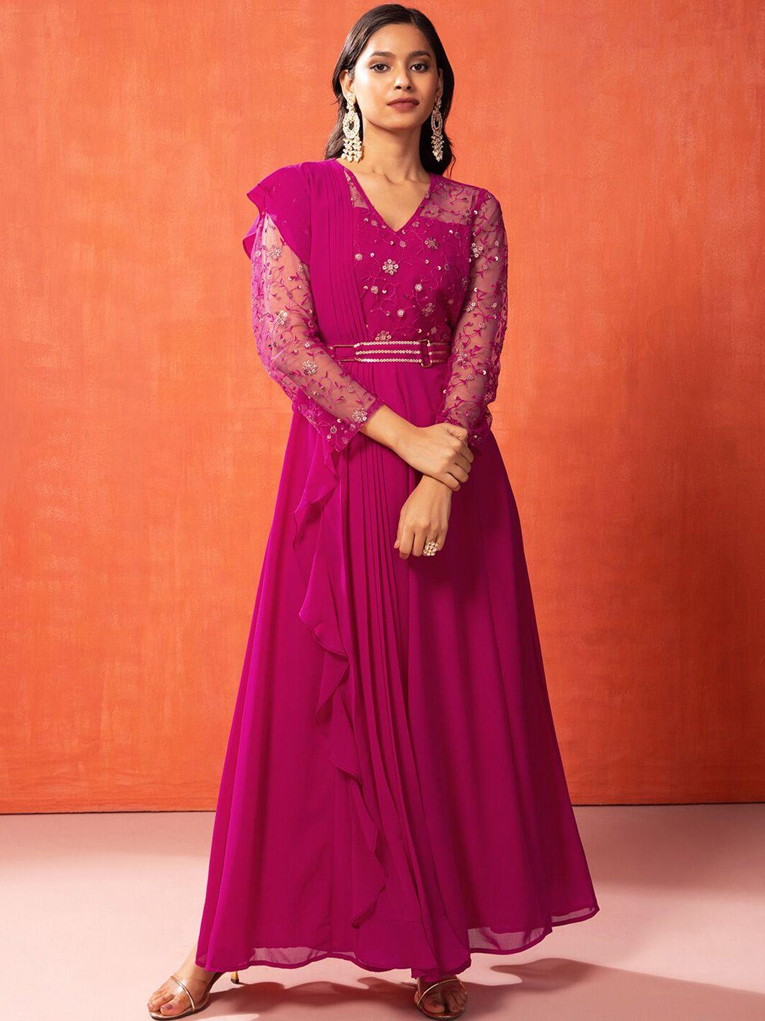 indya embroidered kurta with attached dupatta & belt