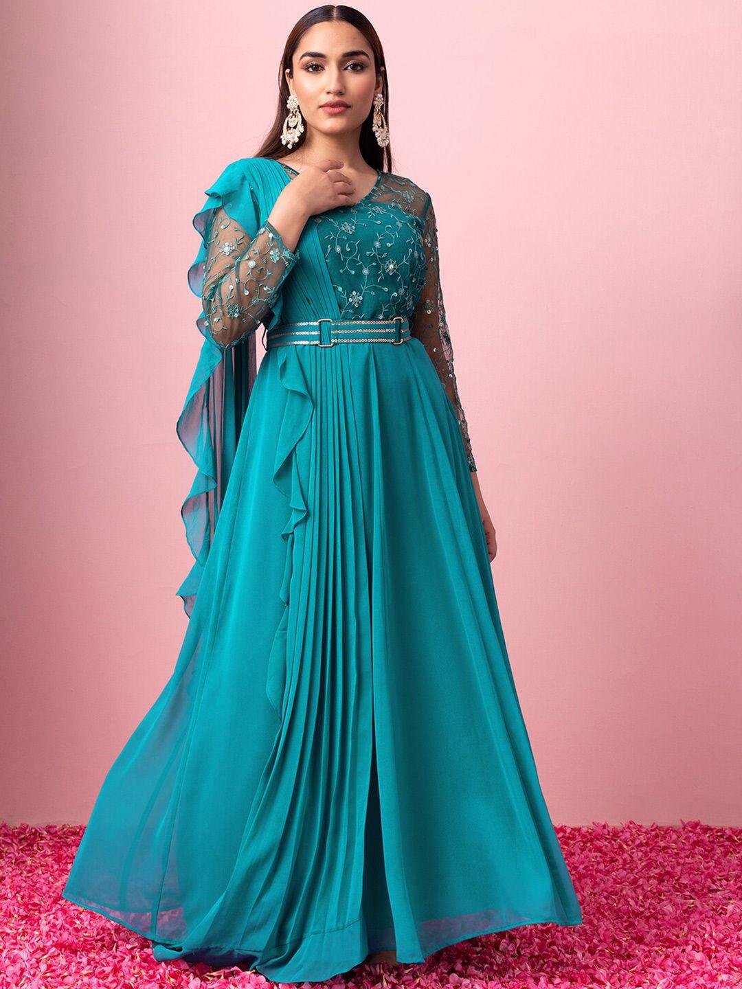 indya embroidered anarkali kurta with attached dupatta & belt