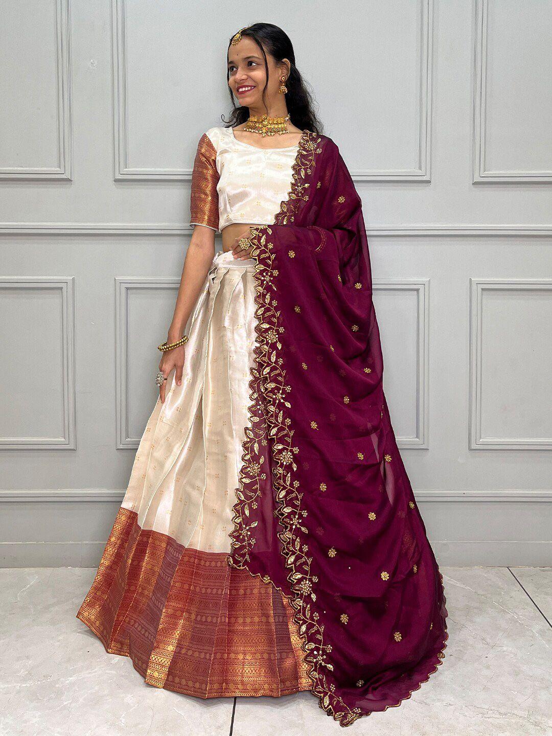 fabcartz white & burgundy mirror work semi-stitched lehenga & unstitched blouse with dupatta