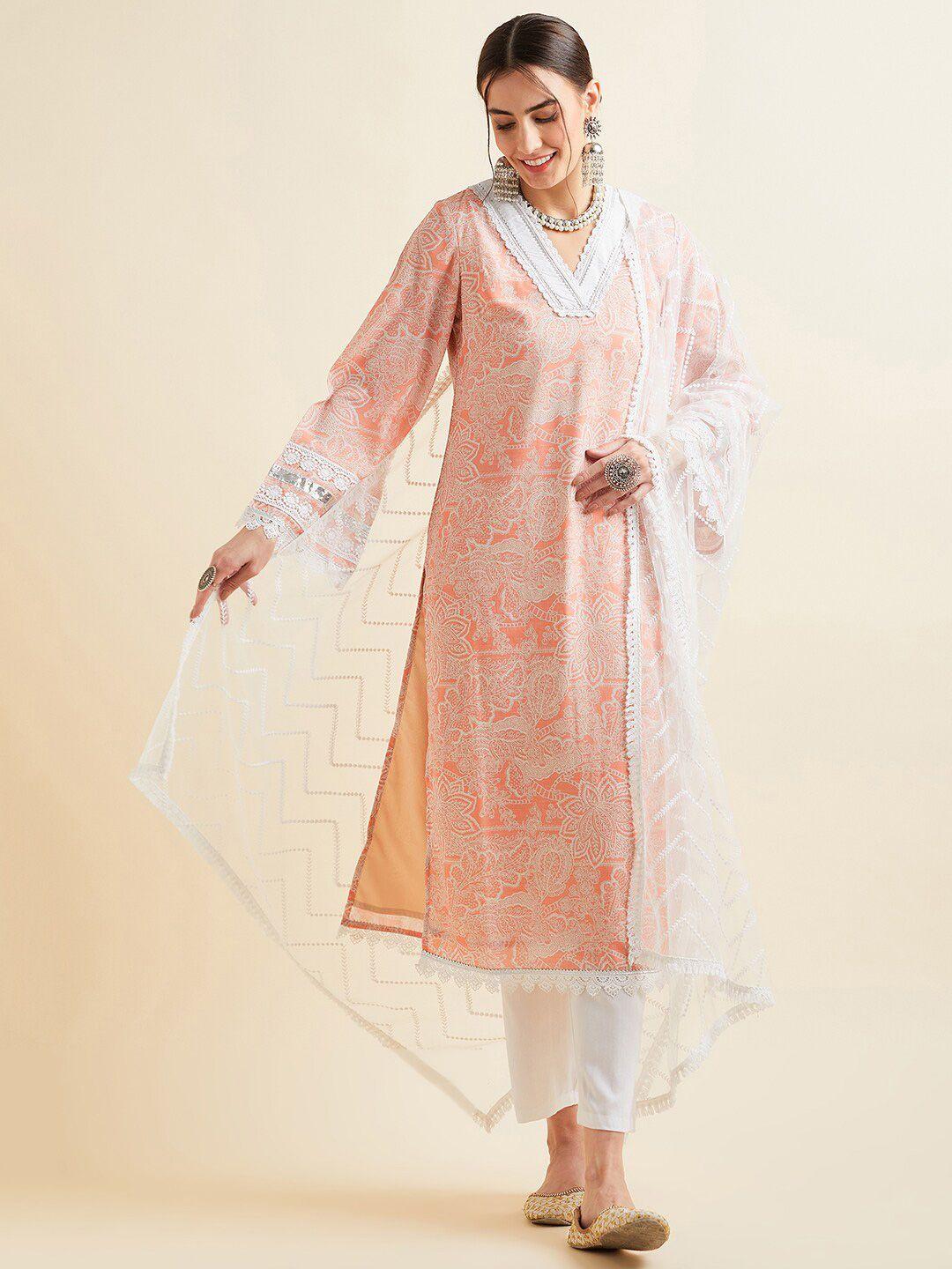 panit pink & white floral printed regular patchwork kurta with trousers & with dupatta