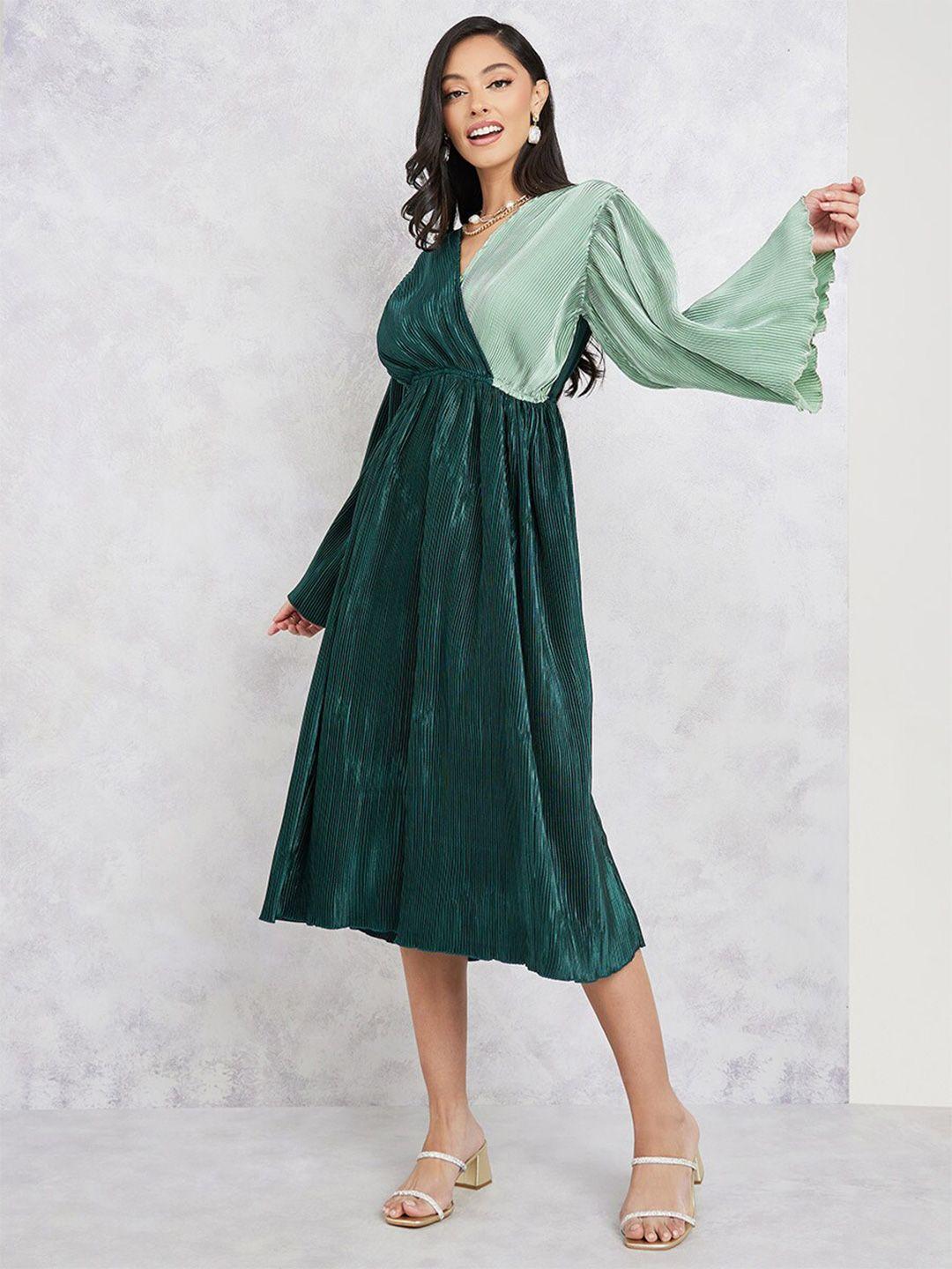 styli green flared sleeve a-line midi dress