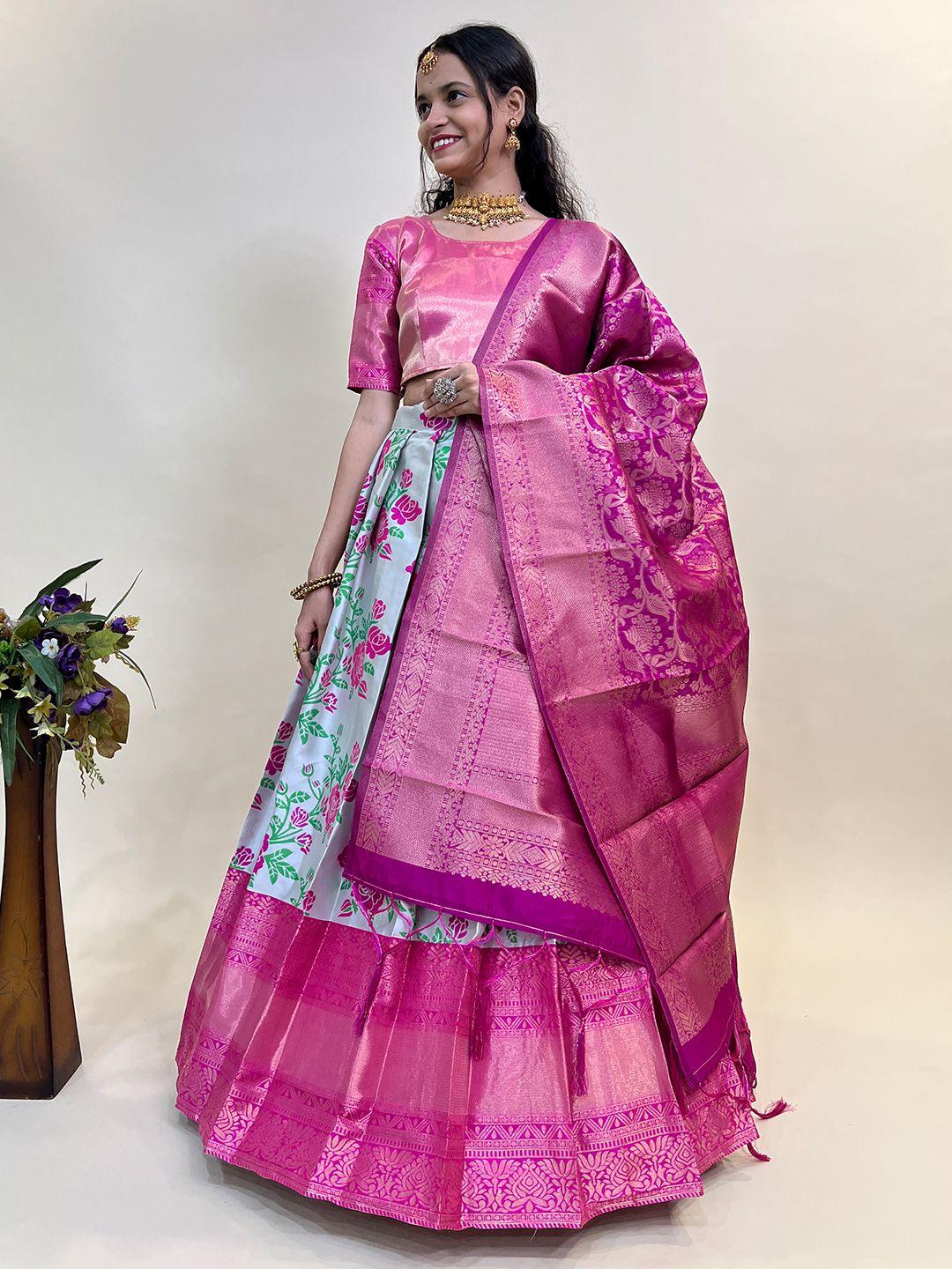 fabcartz grey & pink semi-stitched lehenga & unstitched blouse with dupatta