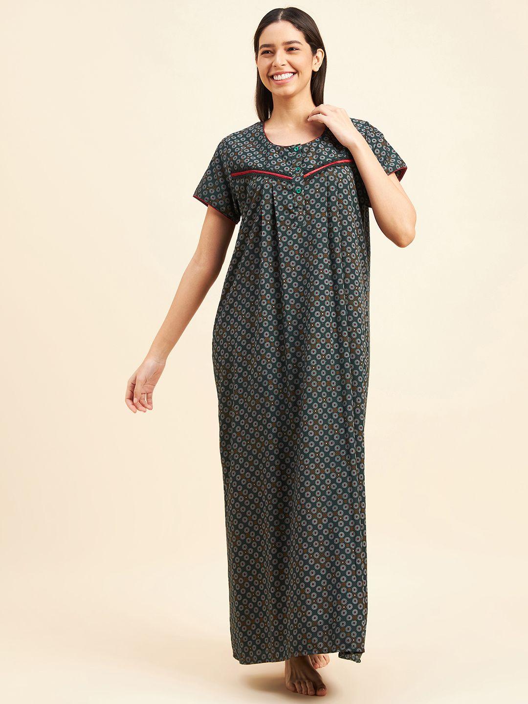 sweet dreams green ethnic motifs printed maxi nightdress