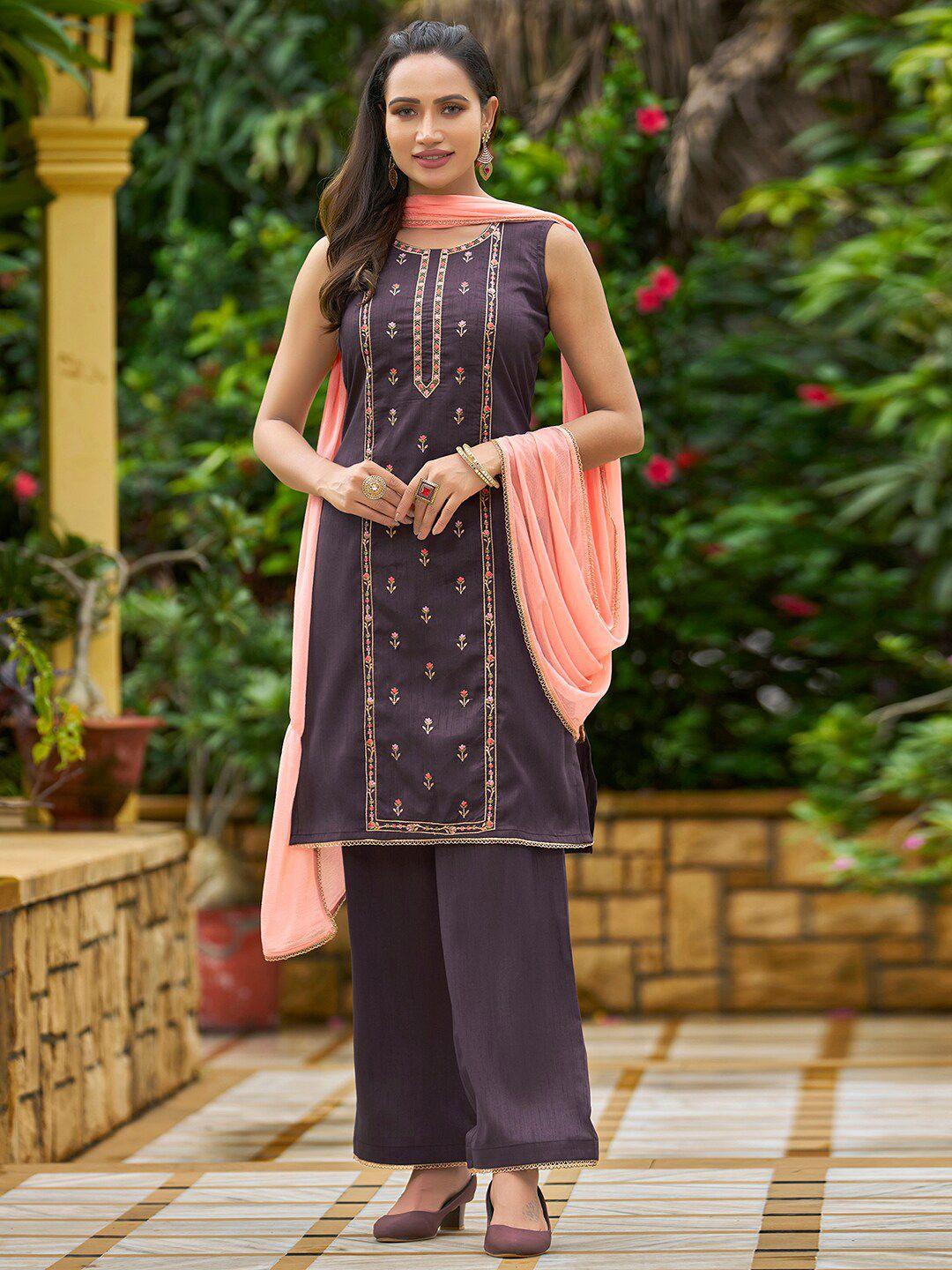 kalini floral embroidered round neck thread work kurta with palazzos & with dupatta