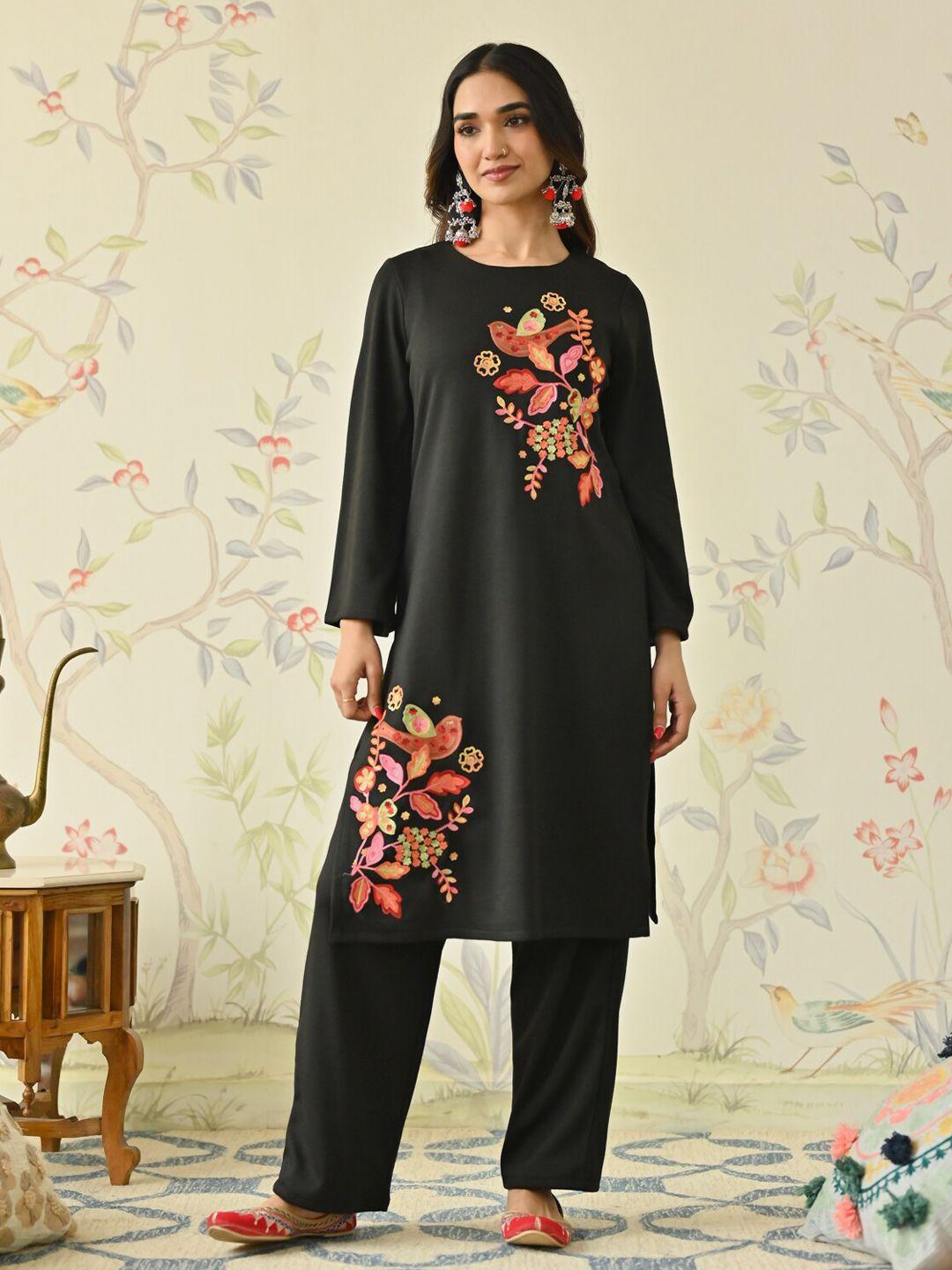 rustorange round neck long sleeves floral thread work straight kurta with trouser