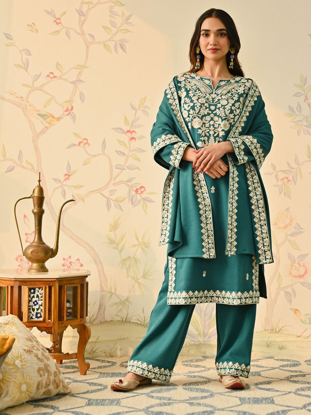 rustorange women teal floral embroidered regular thread work kurta with salwar & with dupatta