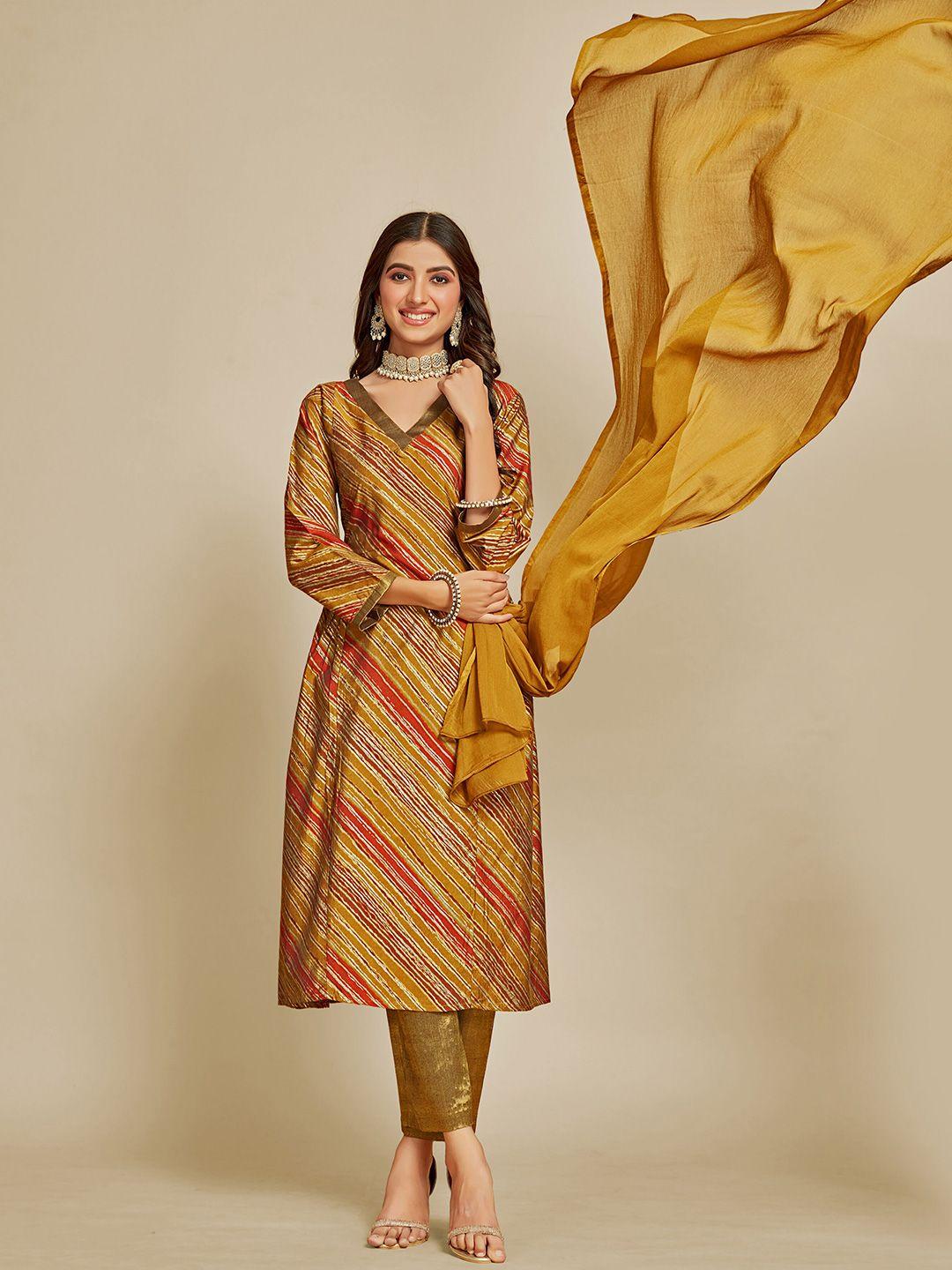 sangria v neck a-line striped straight kurta with trousers & dupatta