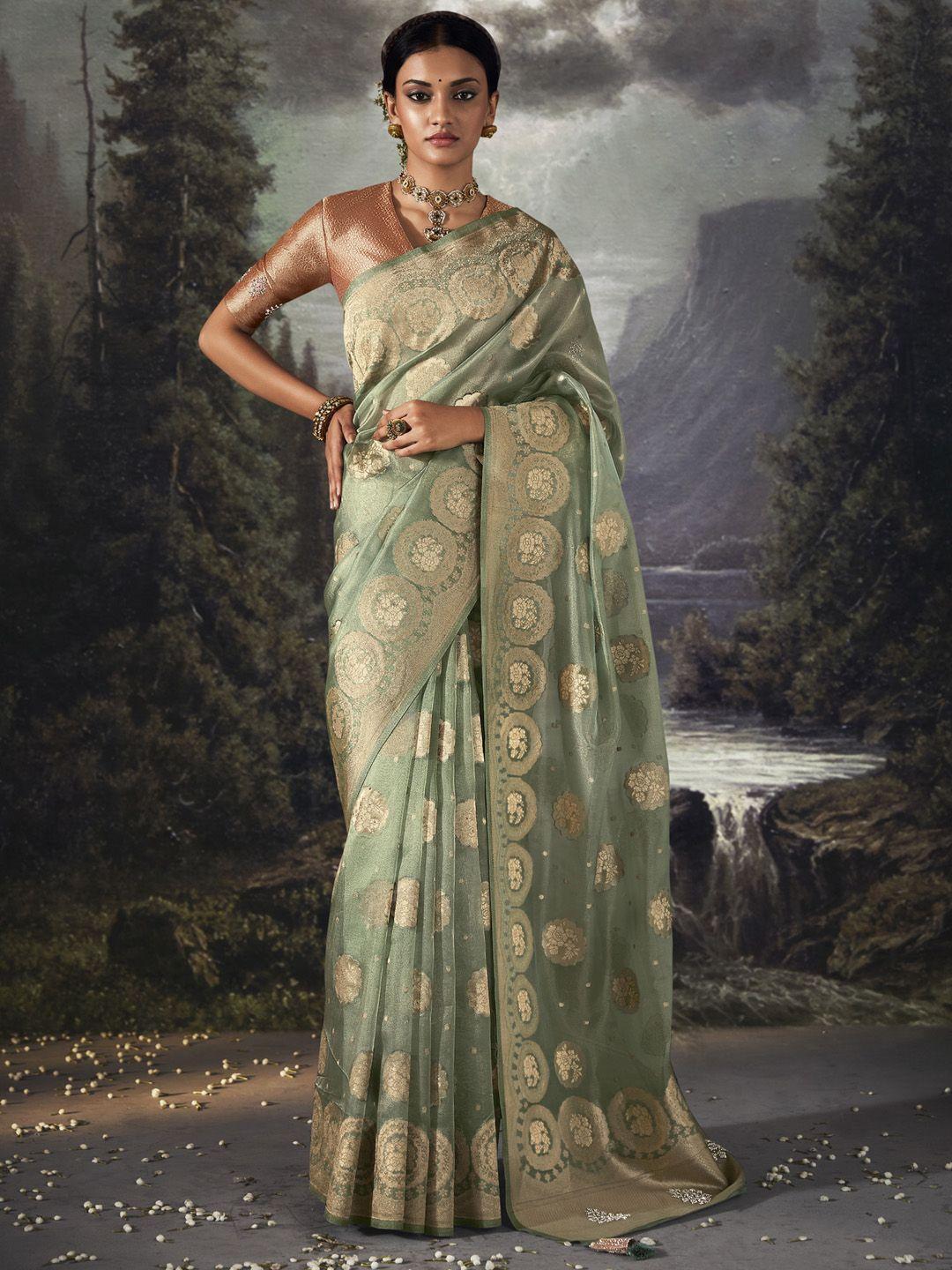 mitera sea green & gold-toned ethnic motifs zari tissue banarasi saree