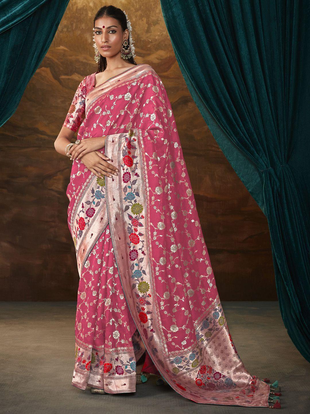 mitera pink & gold-toned ethnic motifs zari banarasi saree