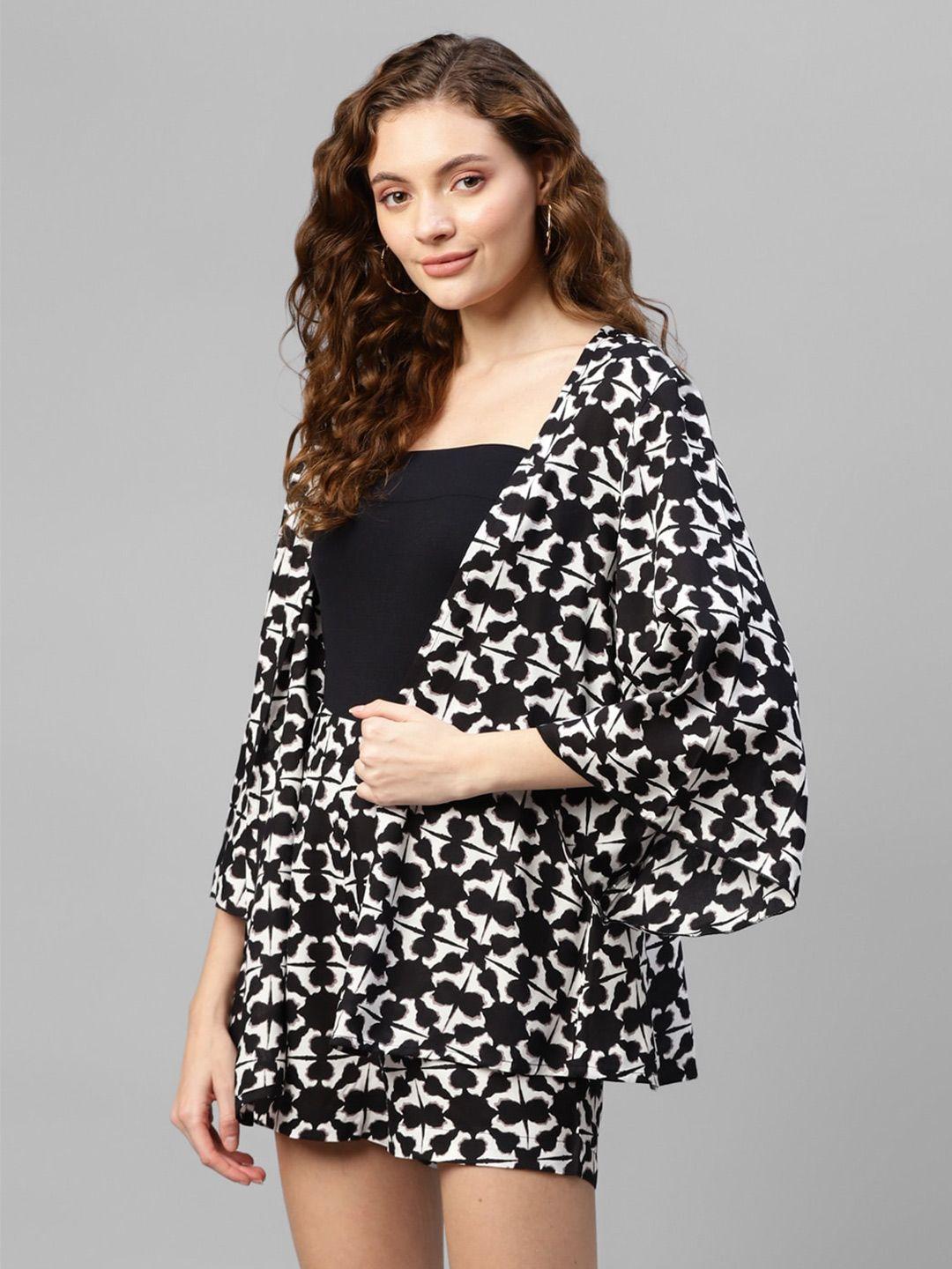 deebaco printed front open shrug with shorts co-ords