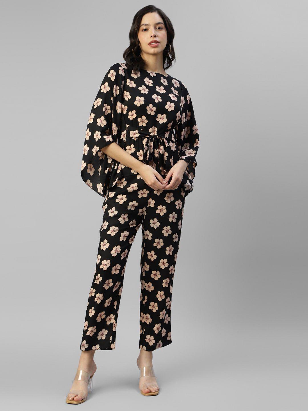 deebaco printed boat neck top & flared trouser co-ords