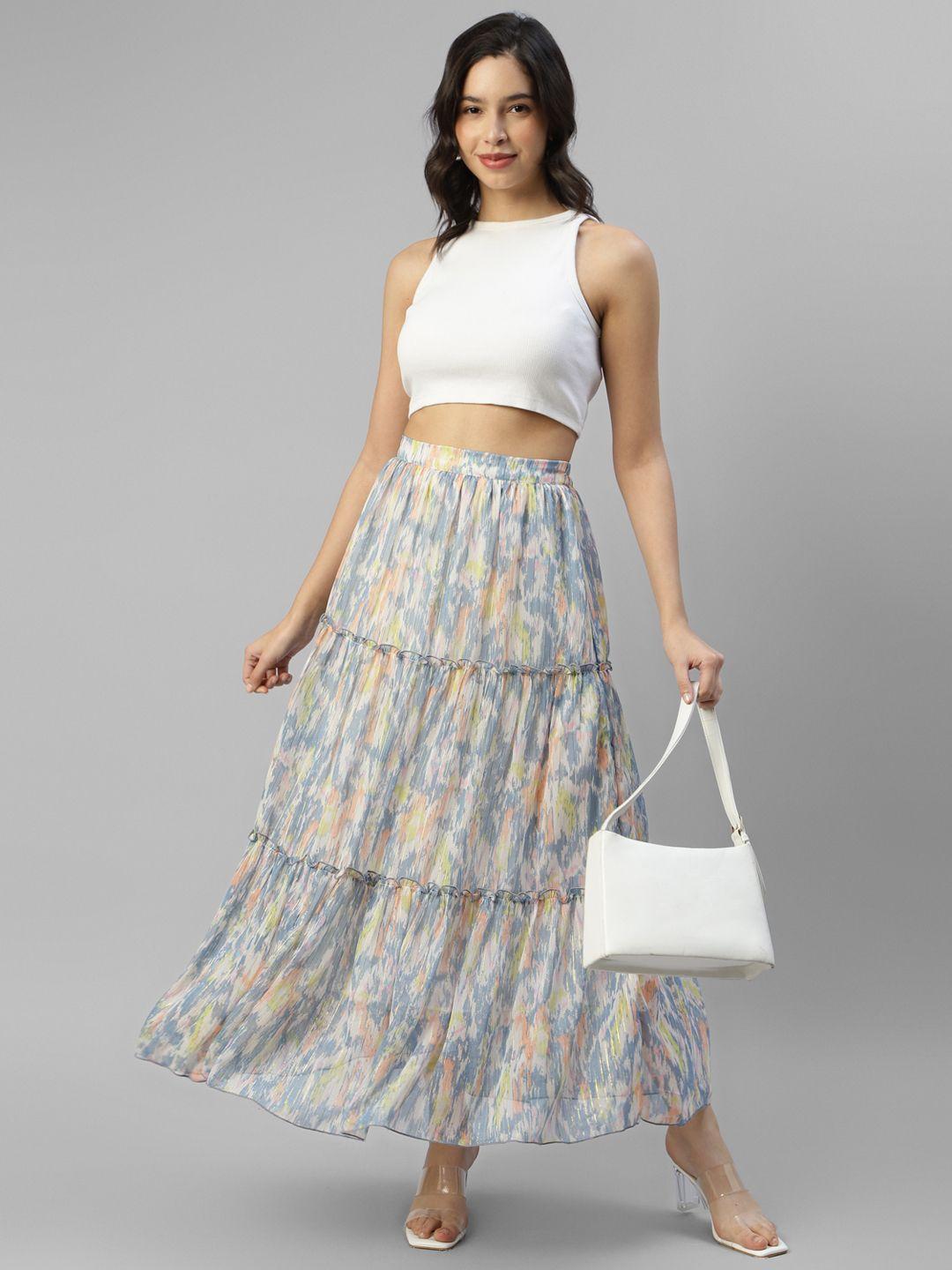 deebaco abstract printed tiered maxi skirt