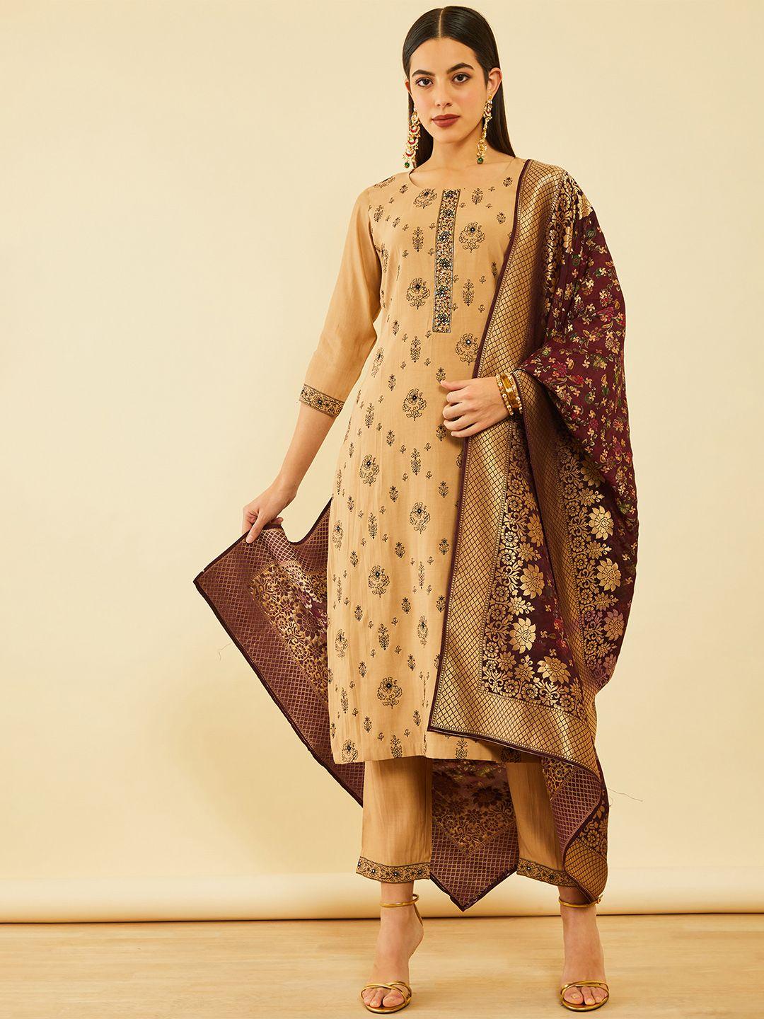 soch brown floral printed regular zardozi straight kurta with trousers & dupatta