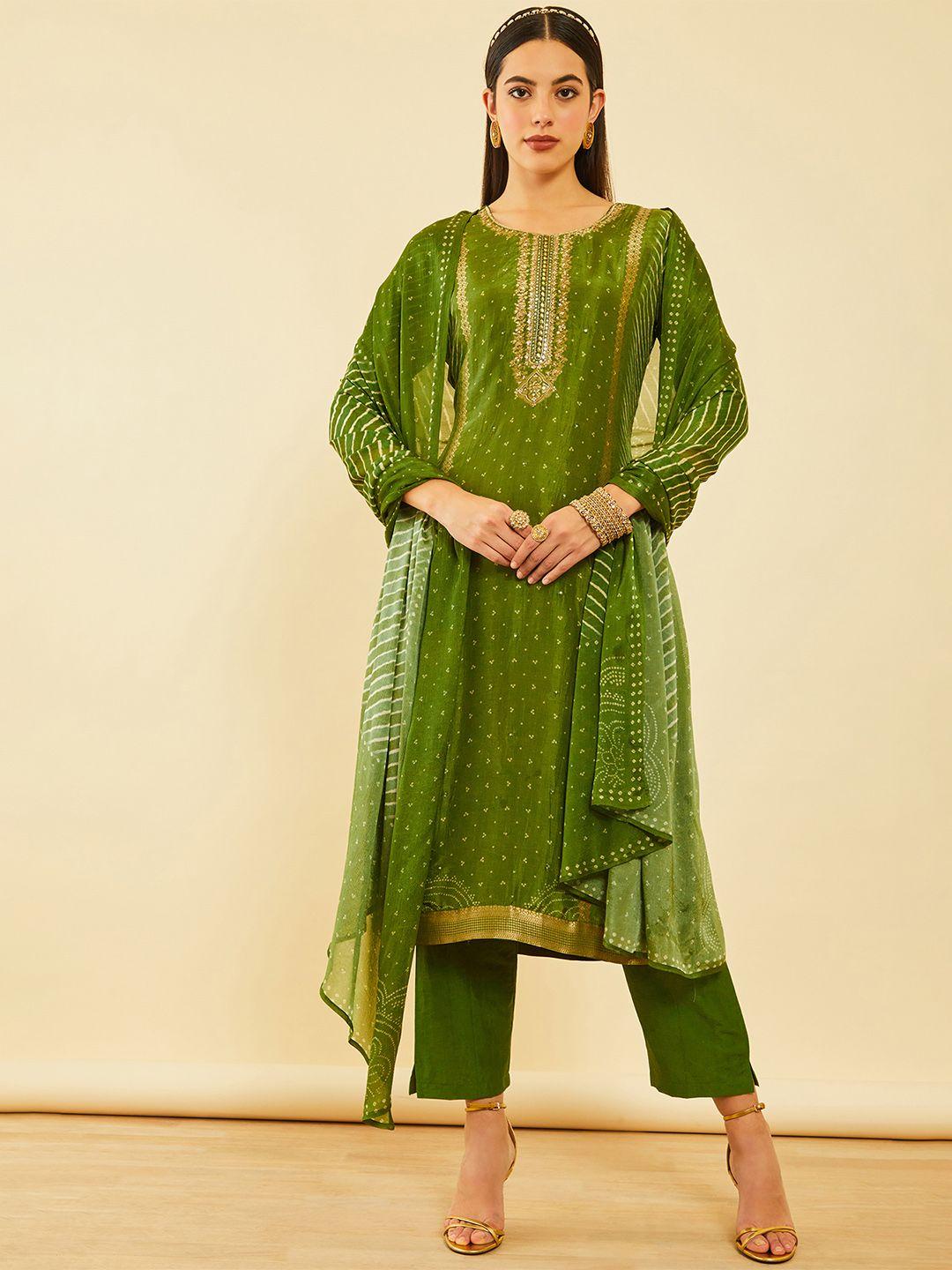 soch bandhani printed straight kurta with trousers & dupatta