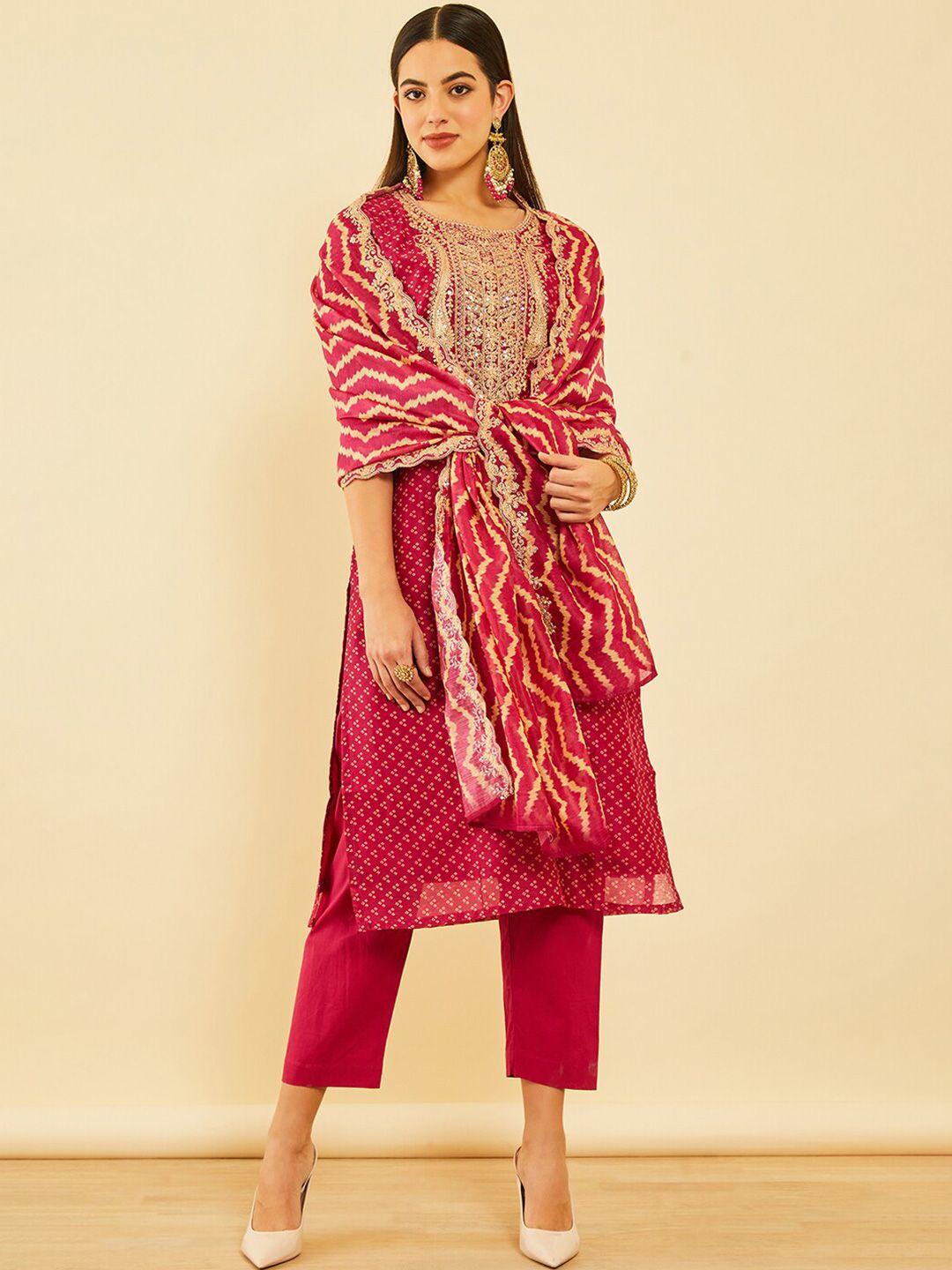 soch bandhani printed sequinned chanderi silk kurta & trousers with dupatta