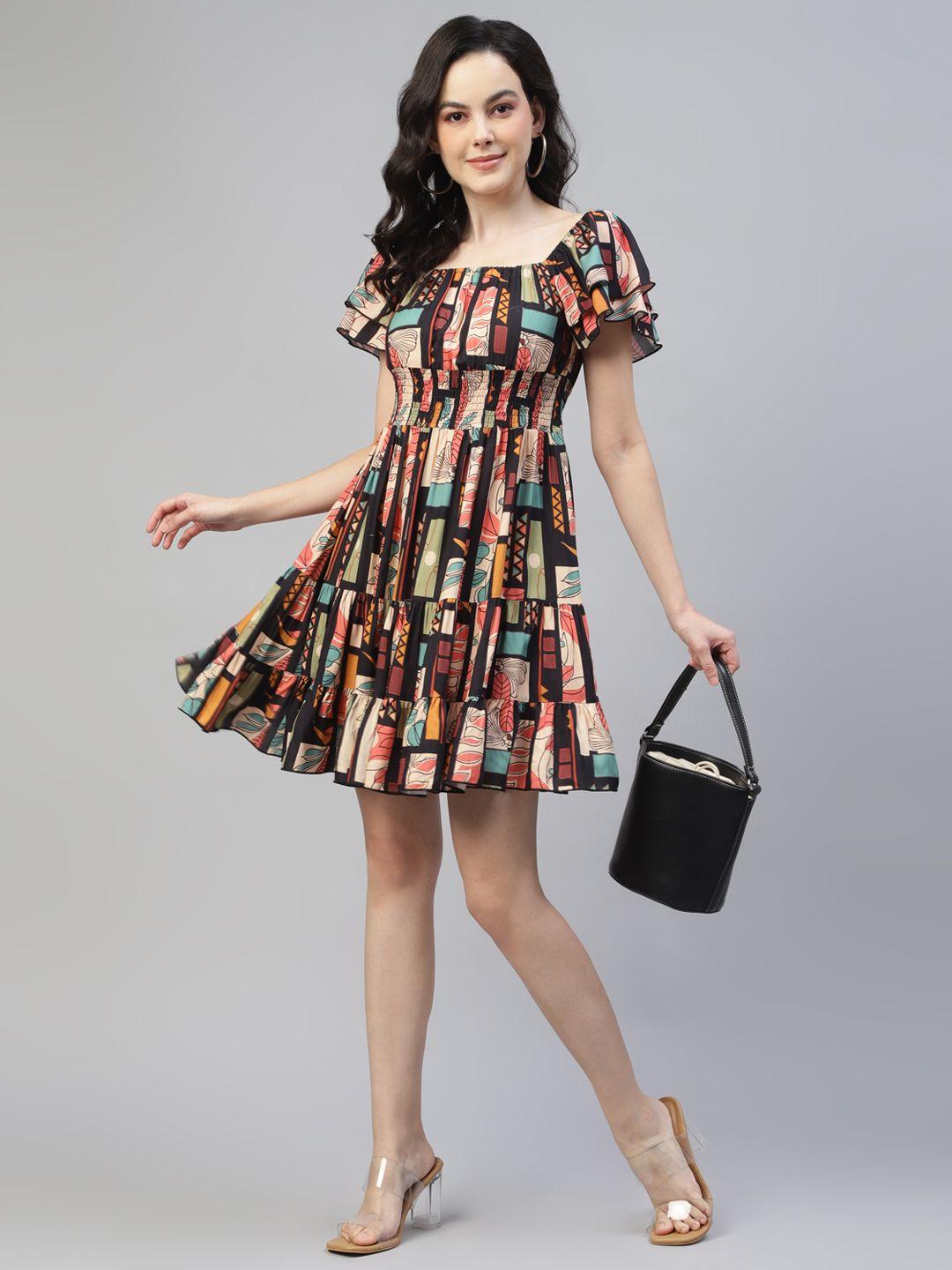 deebaco geometric print square neck flutter sleeve fit & flare tiered dress