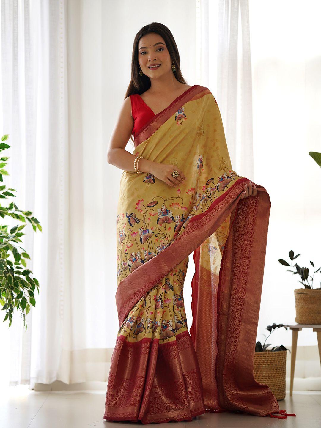 anouk beige & red kalamkari printed zari saree