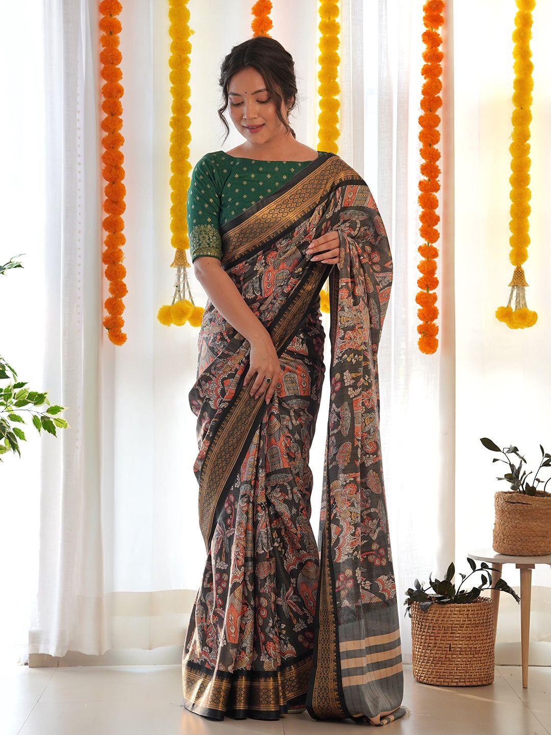 anouk brown & orange kalamkari printed saree