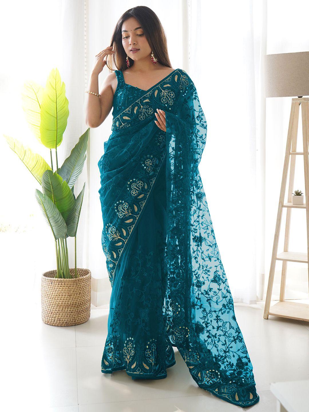 anouk teal floral embroidered net saree