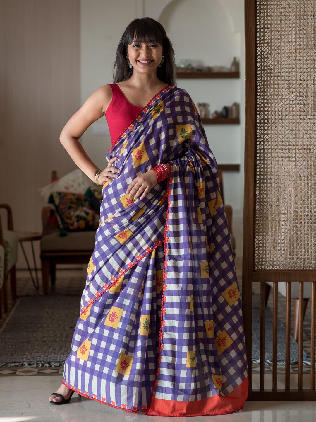 suta checked printed pure cotton saree