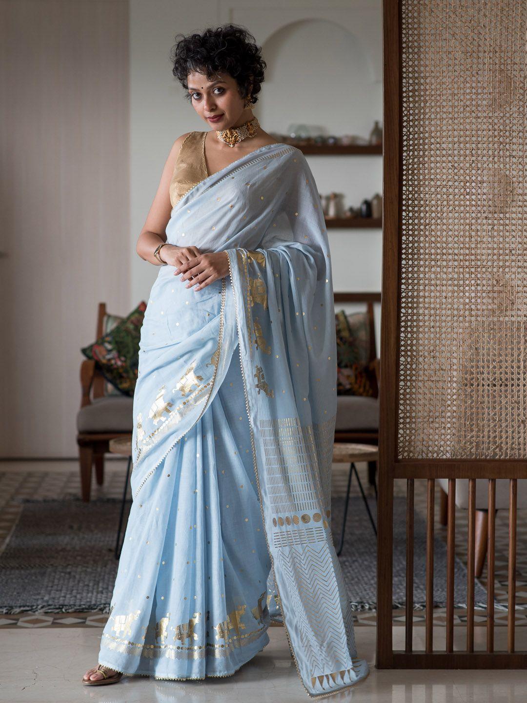 suta blue & gold-toned polka dot saree