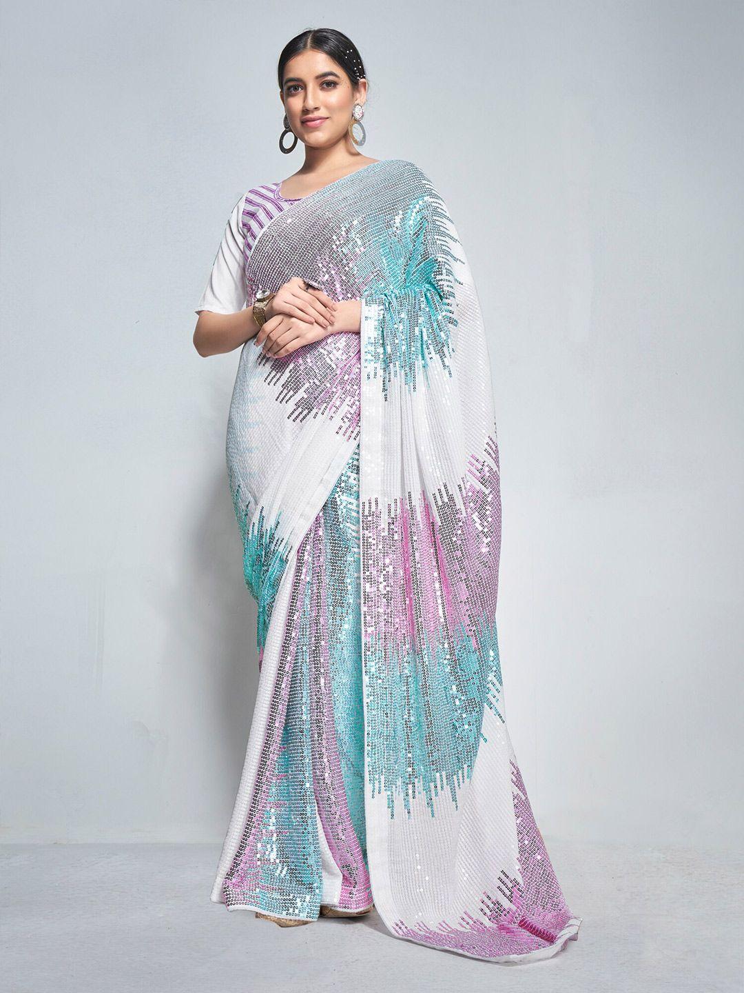 mitera white & pink abstract embellished sequinned pure georgette designer saree