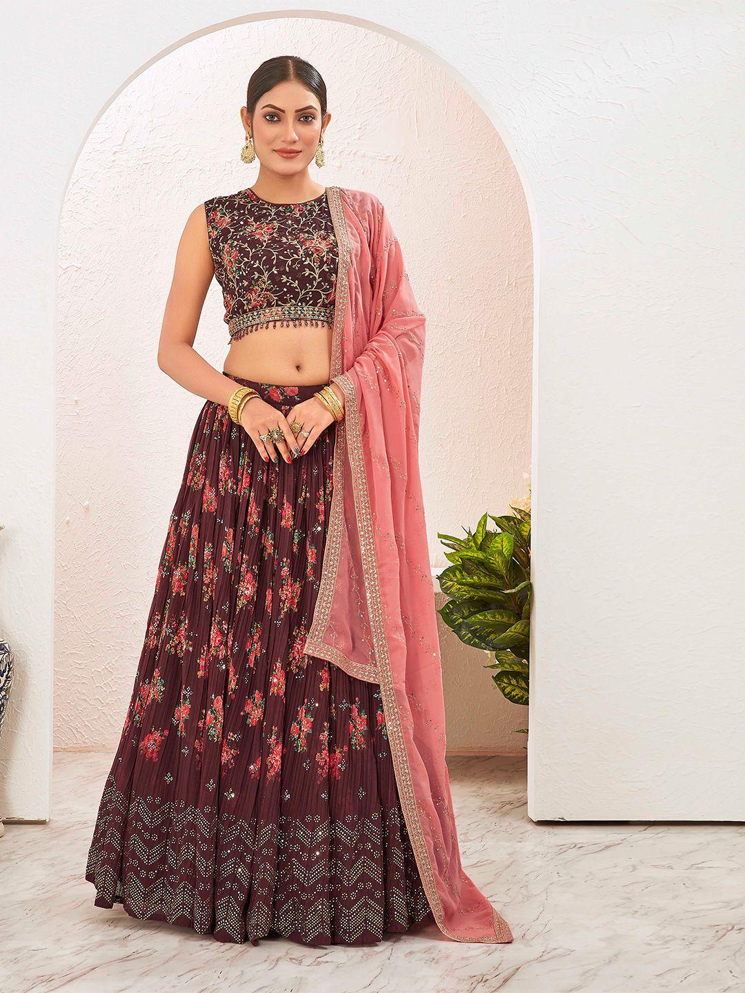 chandbaali brown & peach-coloured embroidered mukaish ready to wear lehenga & blouse with dupatta