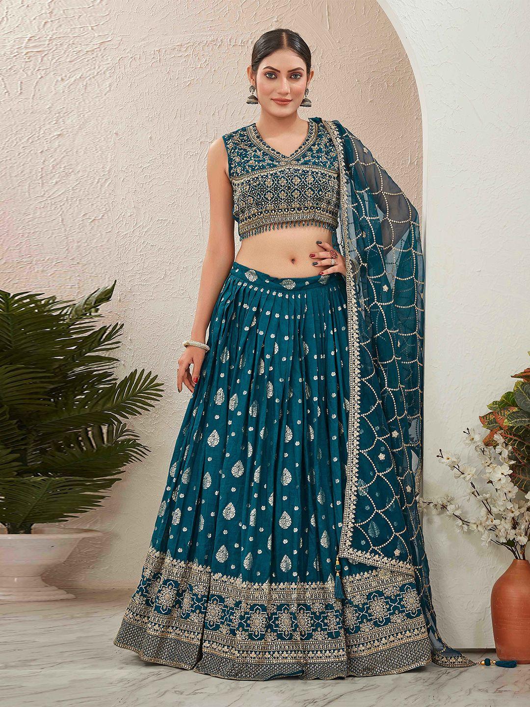 chandbaali blue & gold-toned embroidered thread work ready to wear lehenga & blouse with dupatta