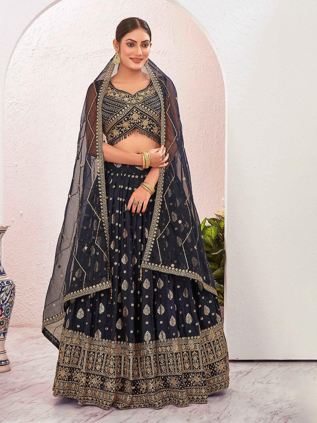 chandbaali navy blue & gold-toned embroidered thread work ready to wear lehenga & blouse with dupatta