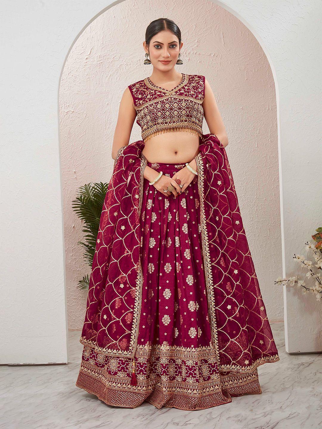 chandbaali maroon & gold-toned embroidered thread work ready to wear lehenga & blouse with dupatta