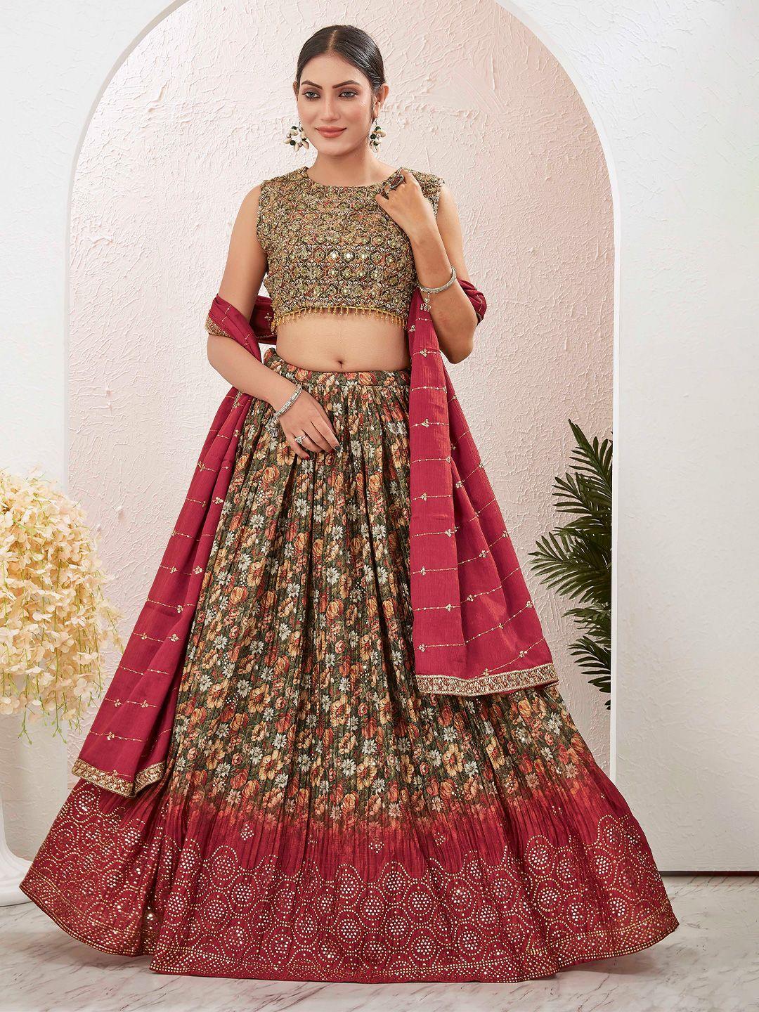 chandbaali green & red printed mukaish ready to wear lehenga & blouse with dupatta