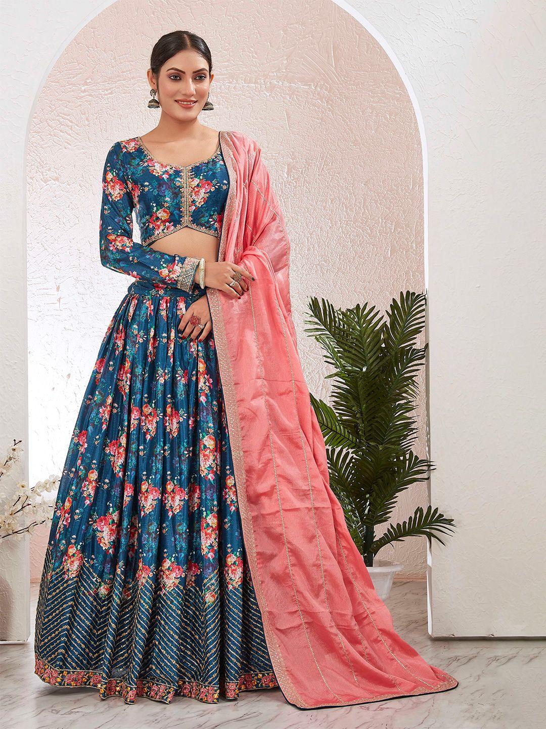 chandbaali blue & pink embroidered thread work ready to wear lehenga & blouse with dupatta